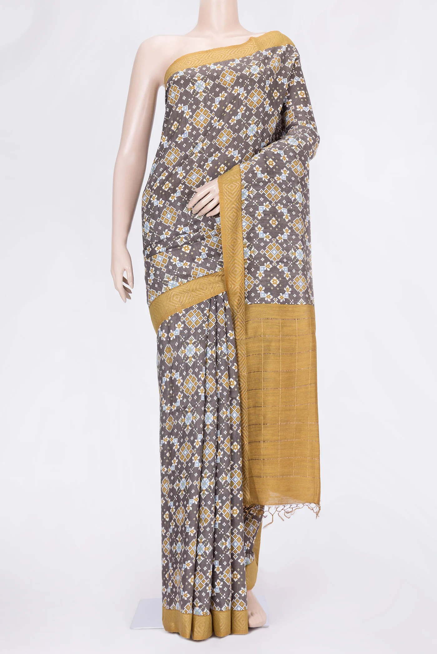 Grey Tussar Silk Saree