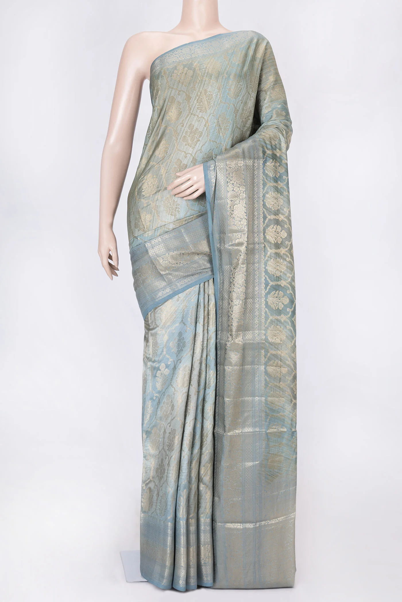 Blue Grey Banarasi Raw Silk Saree