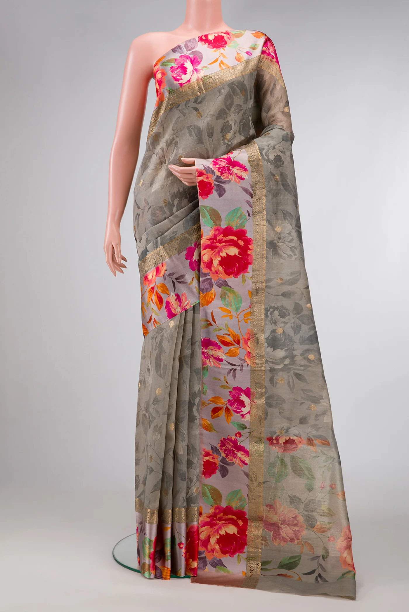 Grey Tussar Silk Saree