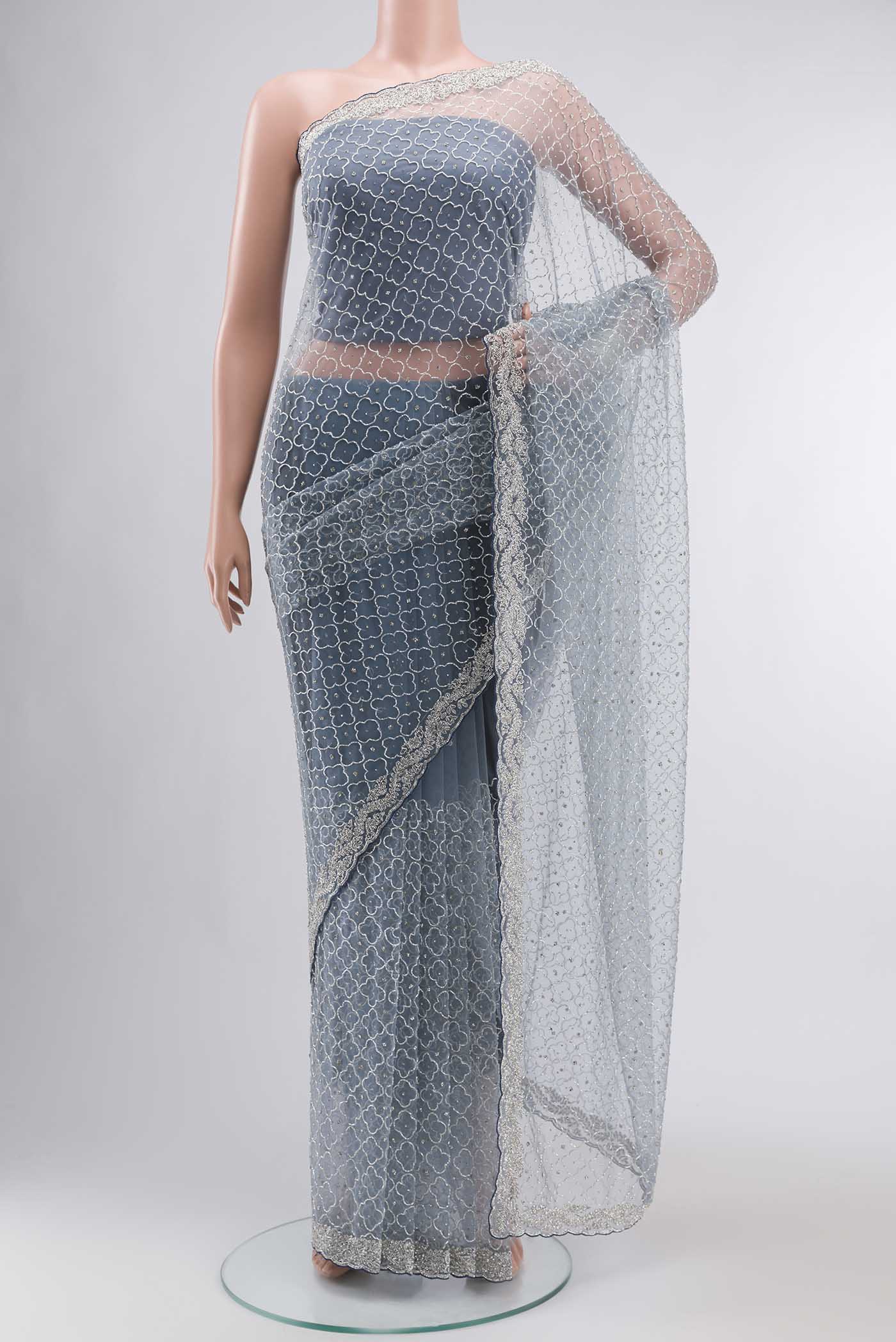 Grey Embroidery Net Saree