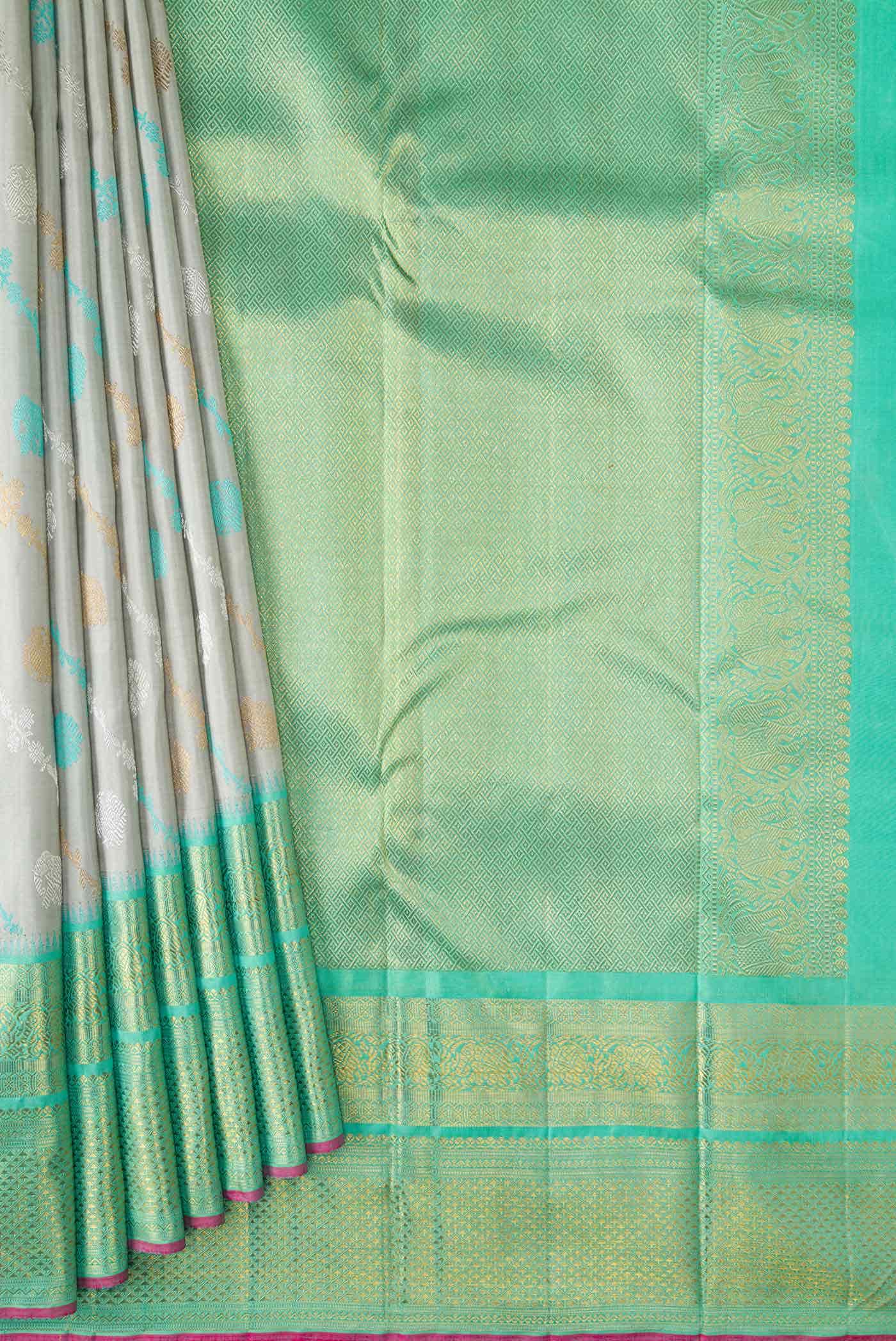Pure Silk Pure Zari Grey Kanjivaram Saree - Image 2