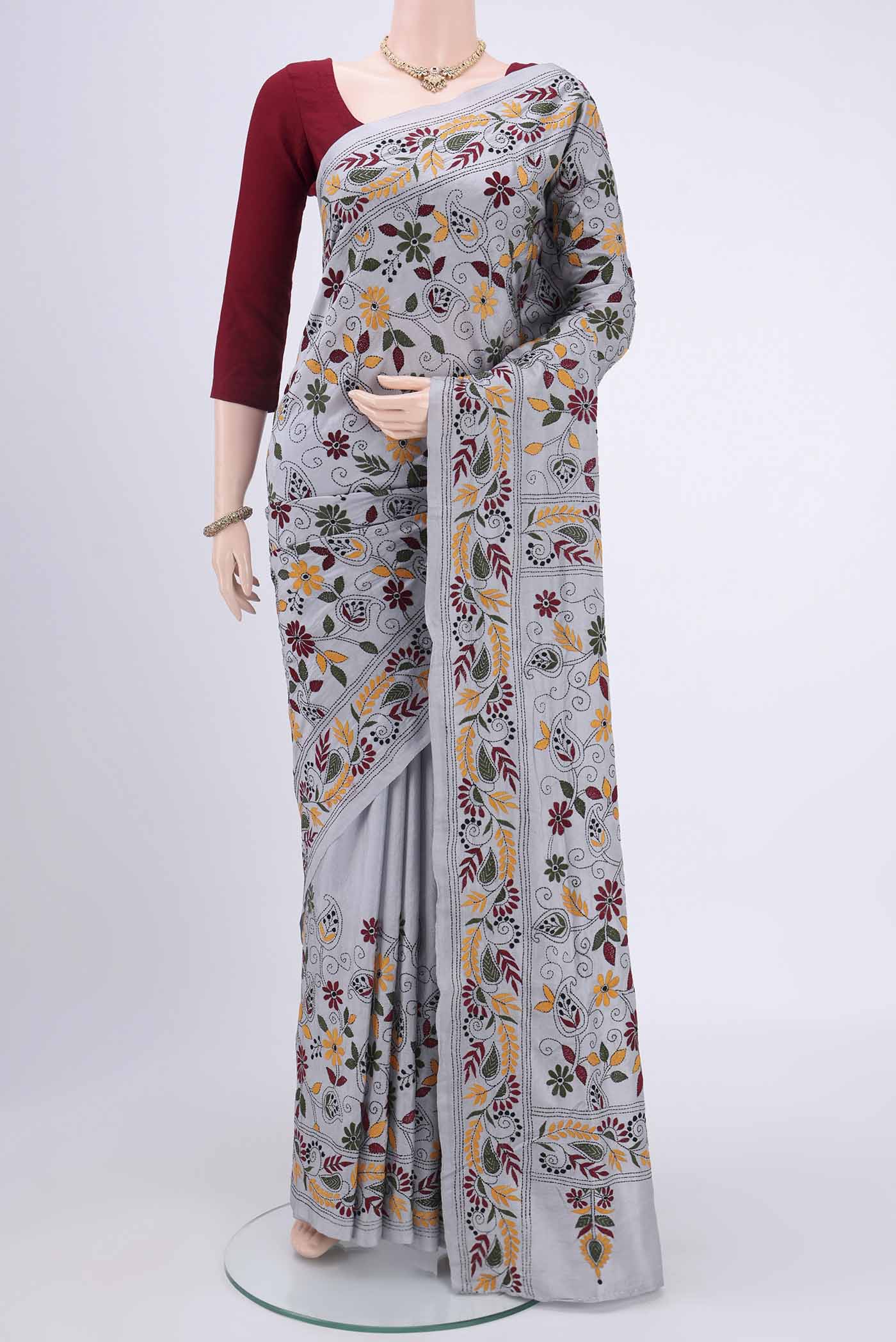 Grey Kantha Silk Saree