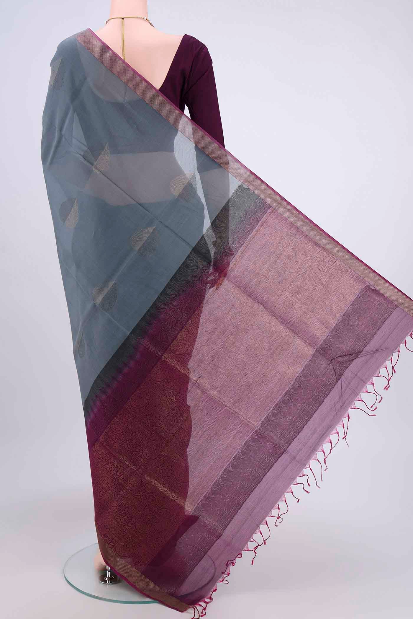 Grey Kora Cotton Saree - Image 3