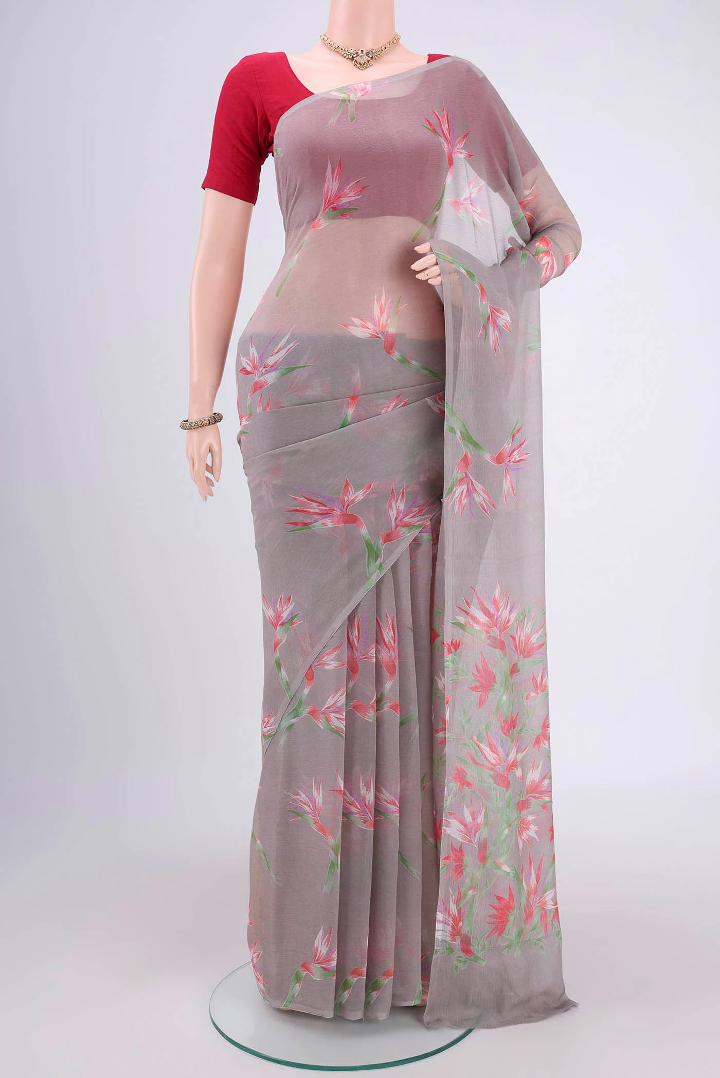 Grey Mysore Chiffon Saree