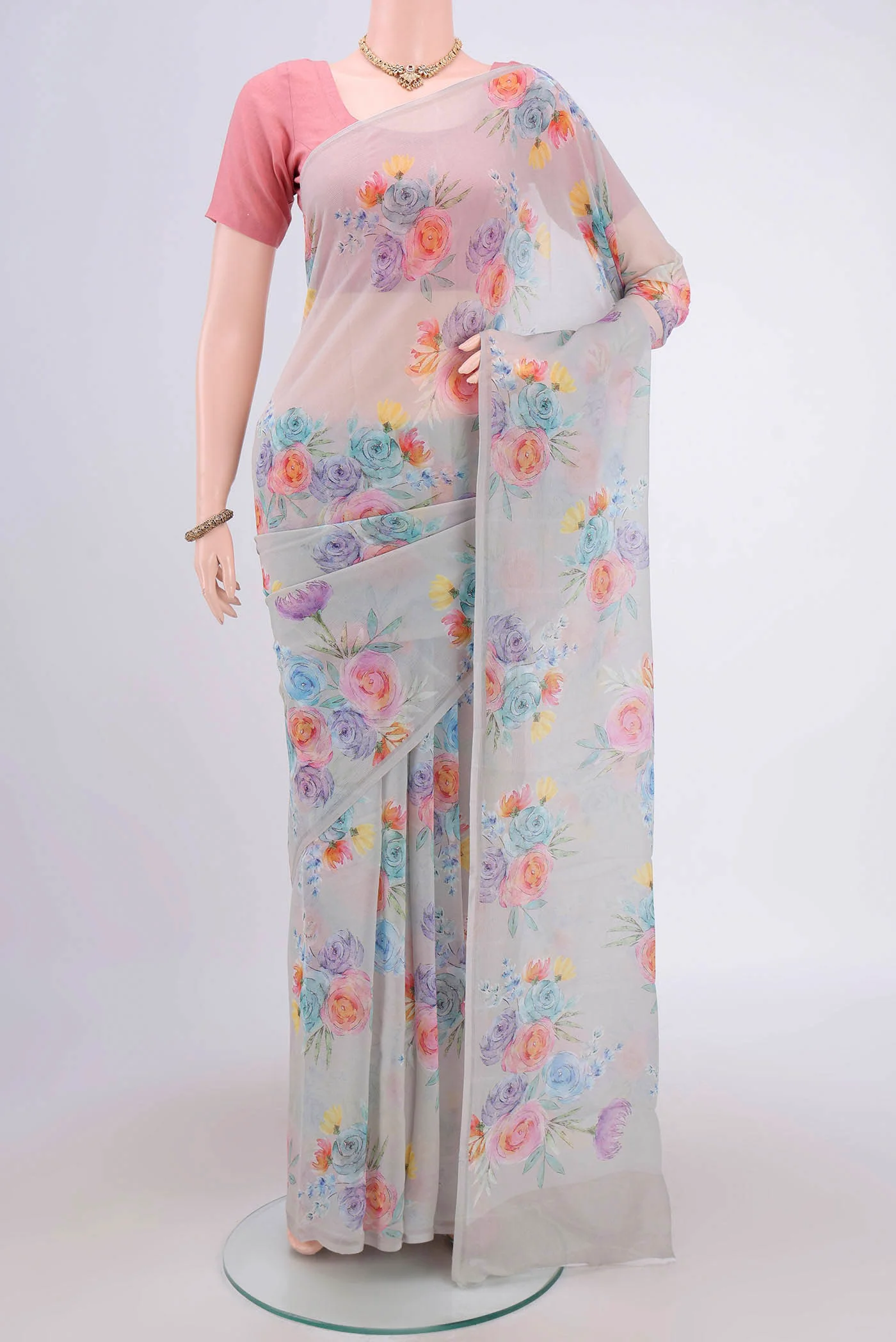 Grey Mysore Chiffon Saree