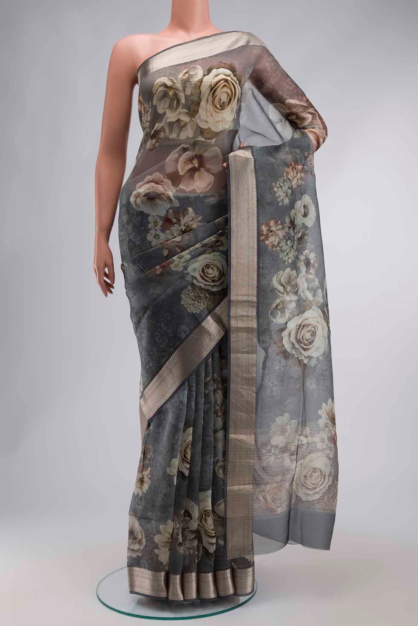 Grey Organza Silk Saree