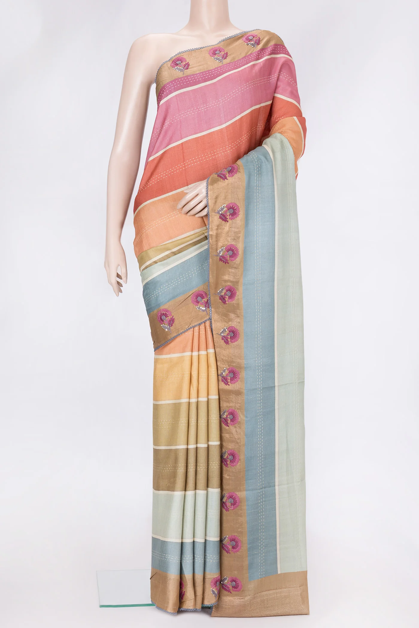 Grey,Pink and Mustard Color Tussar Silk Saree