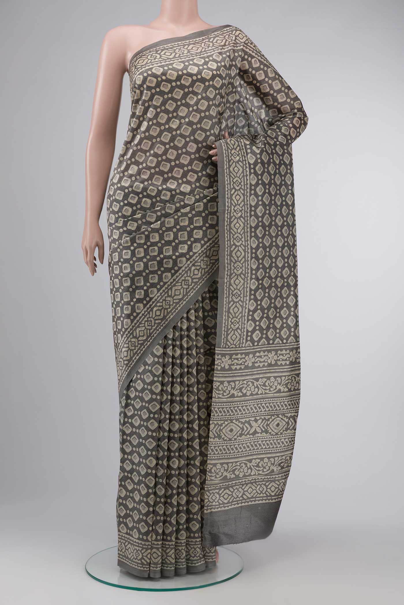 Grey Printed Silk Saree