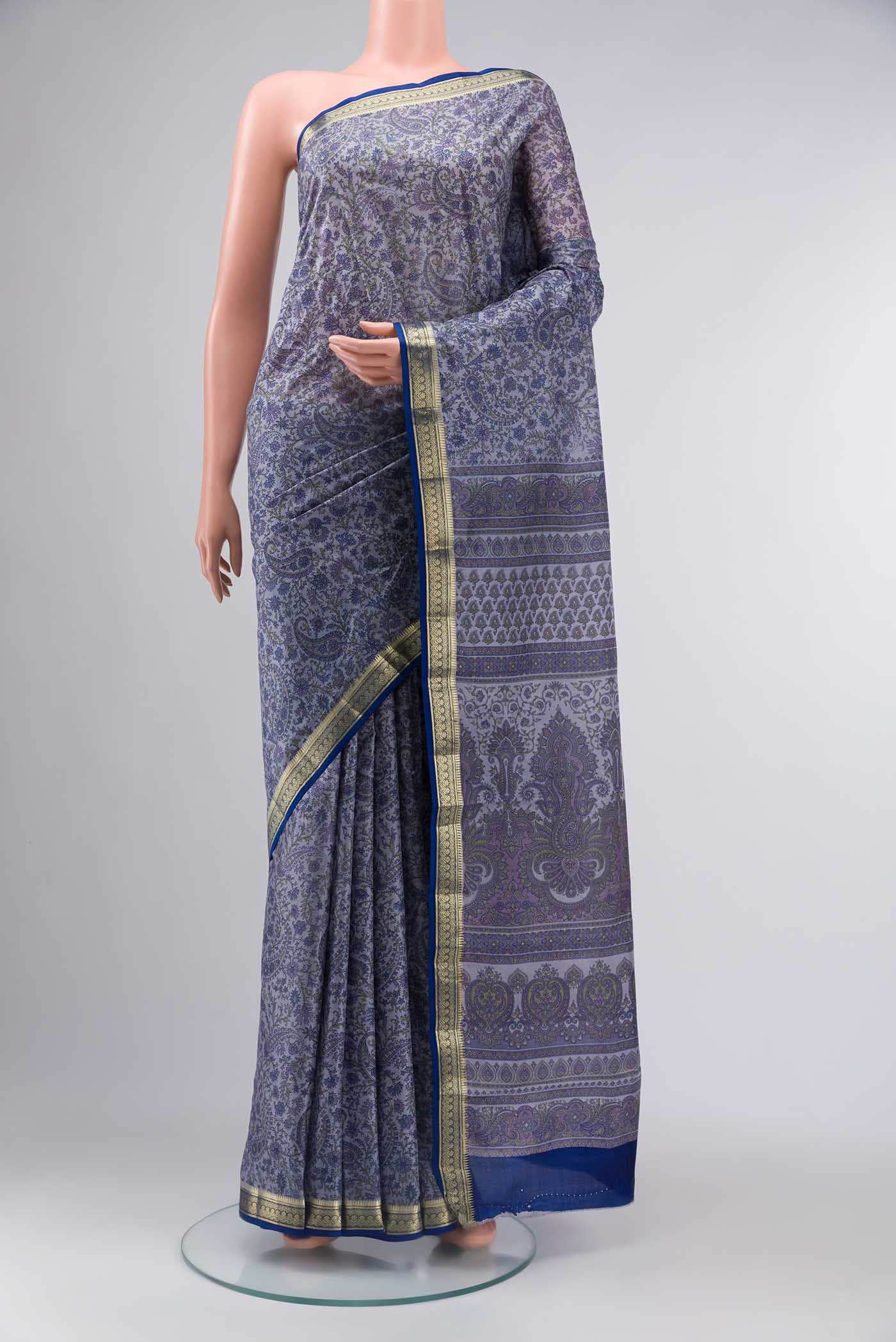 Grey Printed Silk Saree