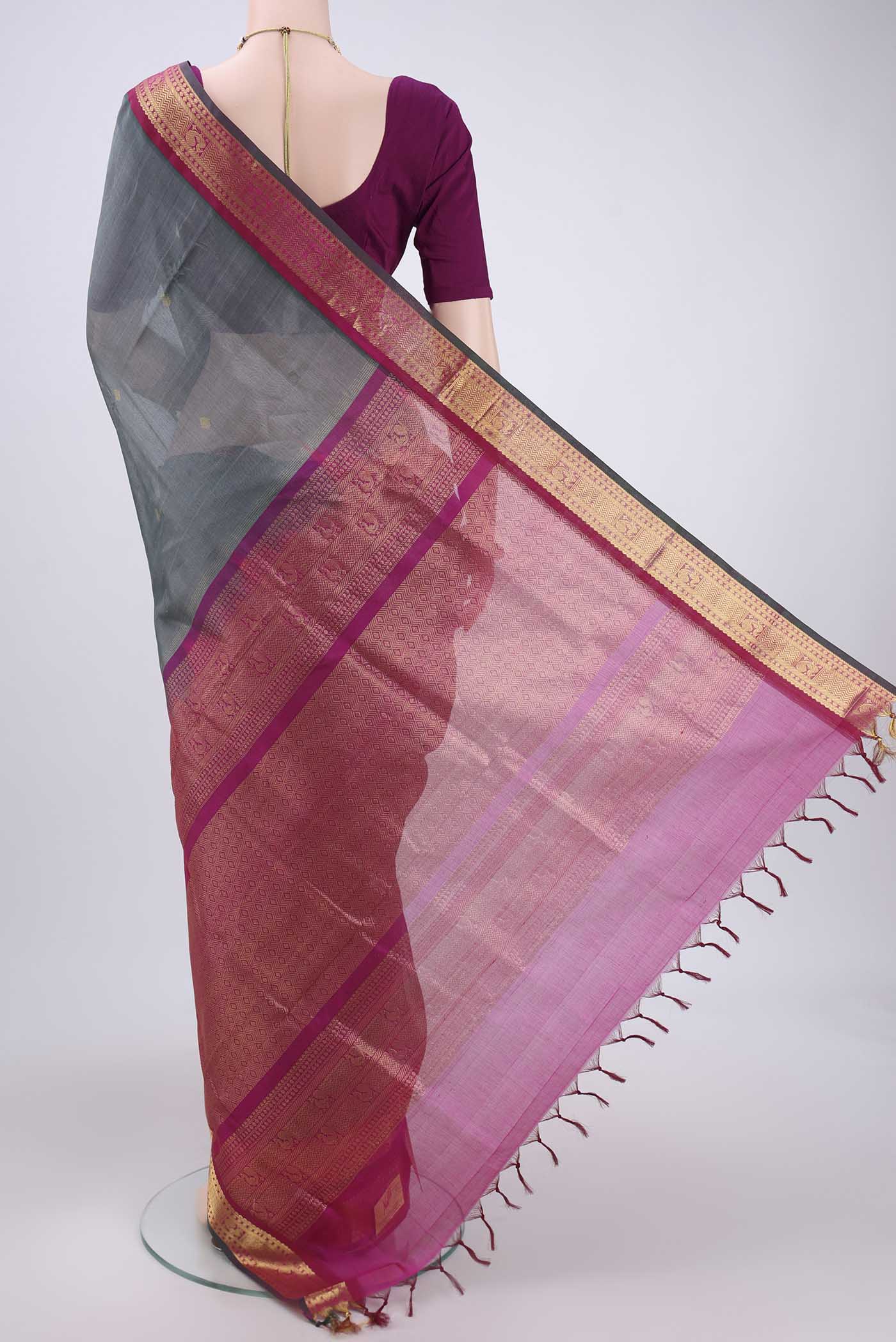 Grey Silk Cotton Saree - Image 3