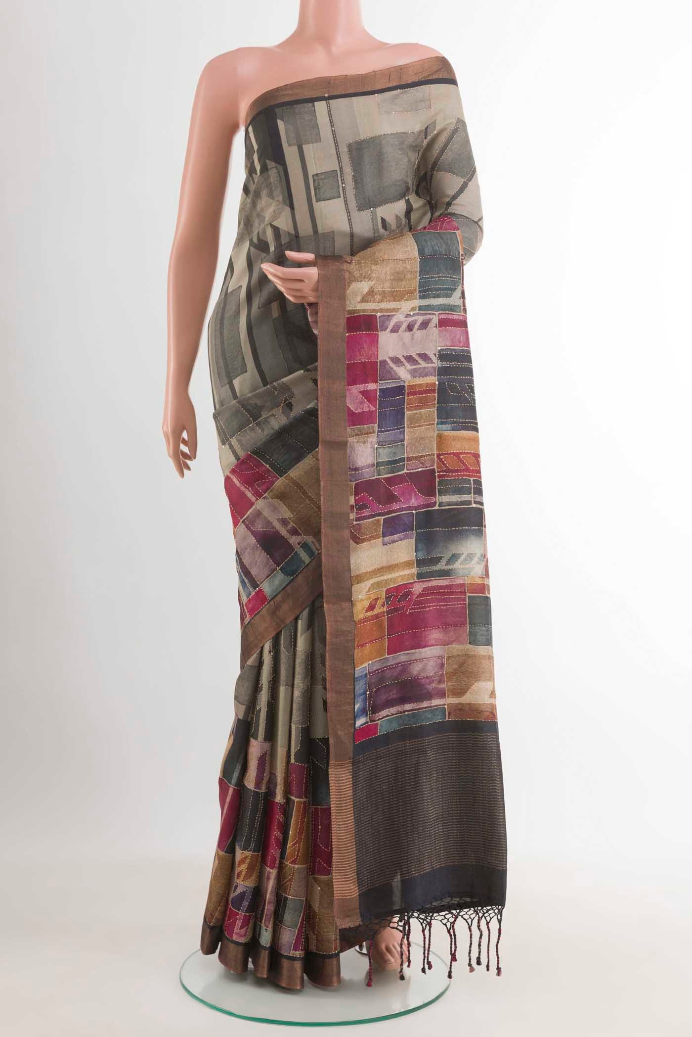 Grey Tussar Silk Saree