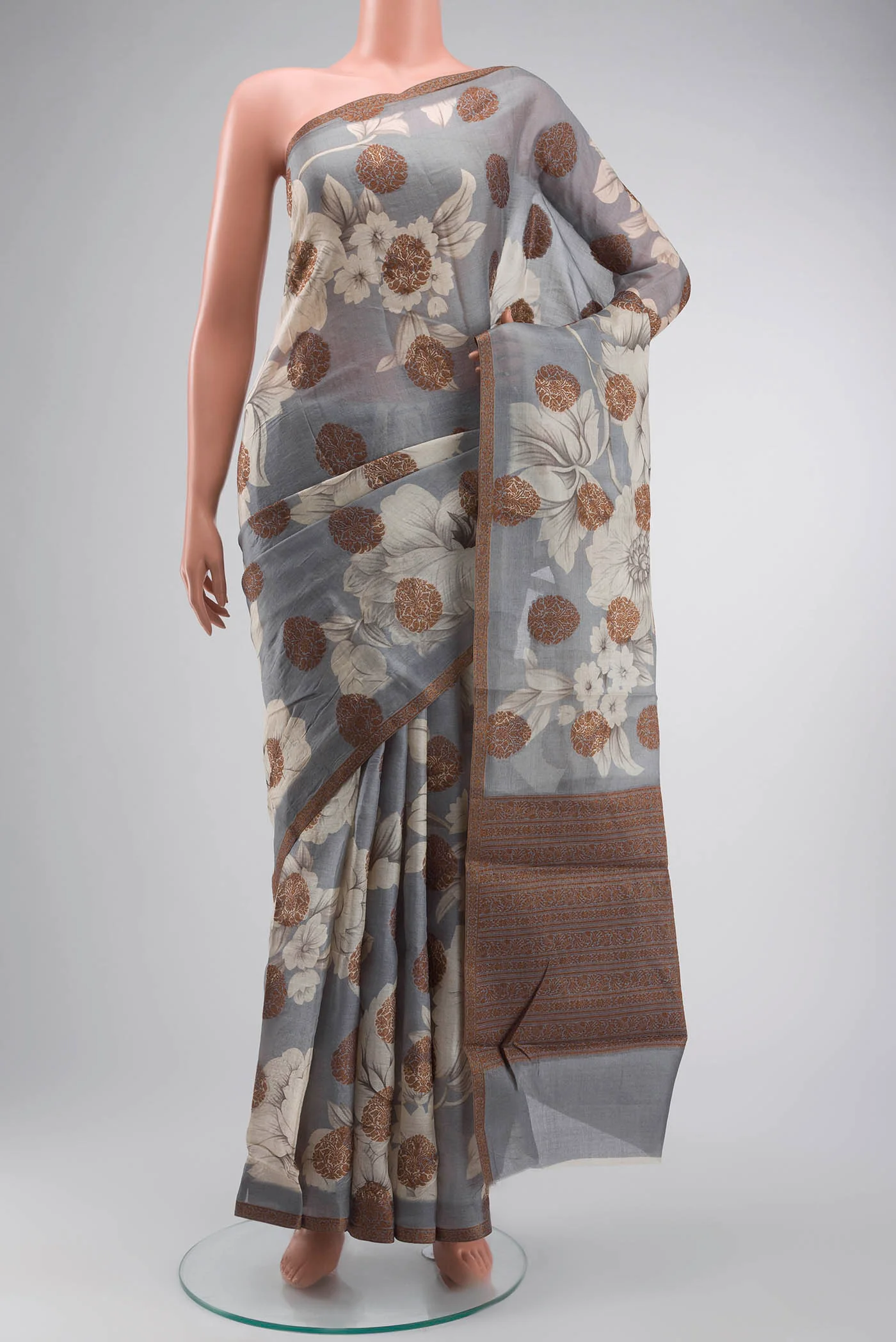 Grey Tussar Silk Saree