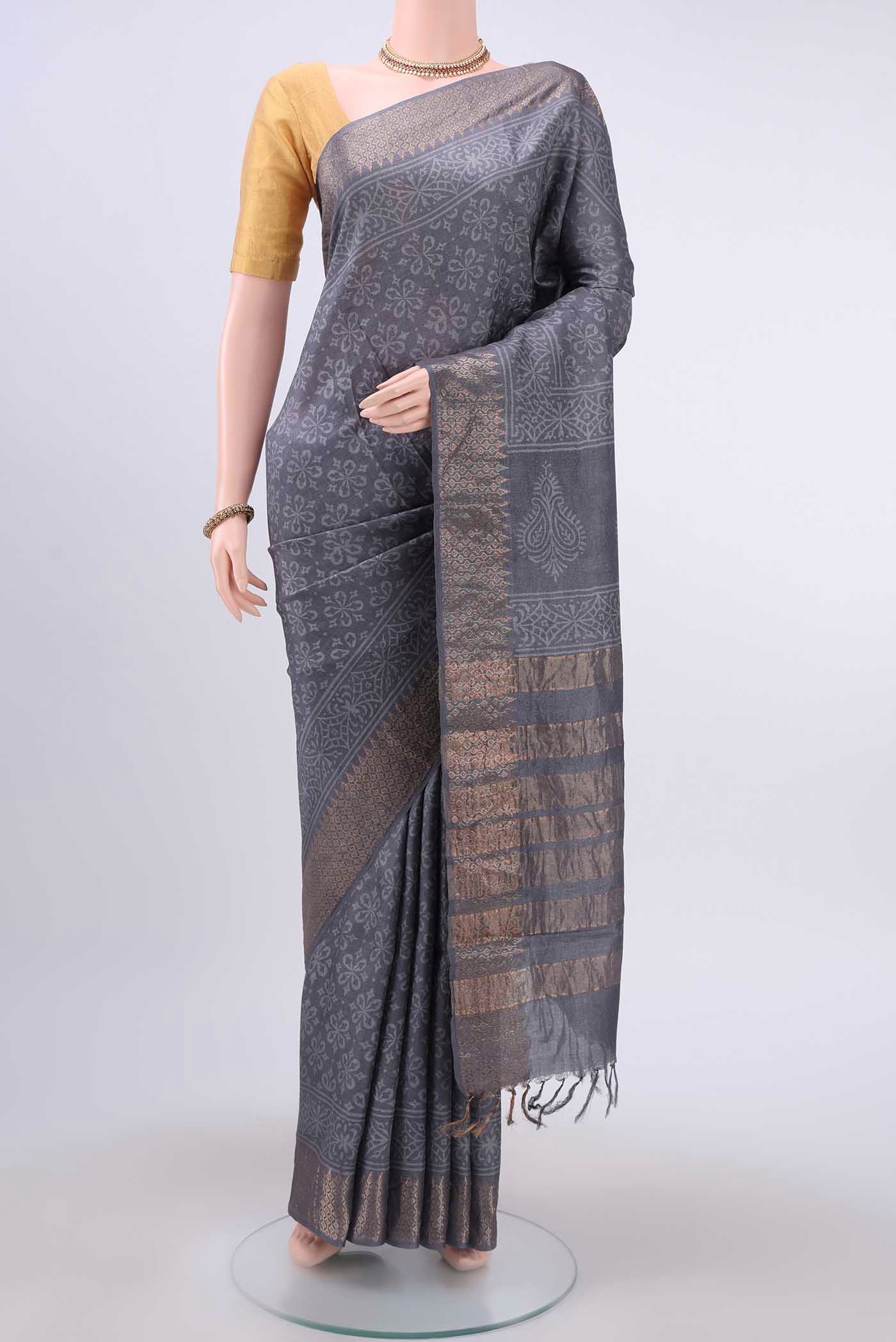 Grey Tussar Silk Saree