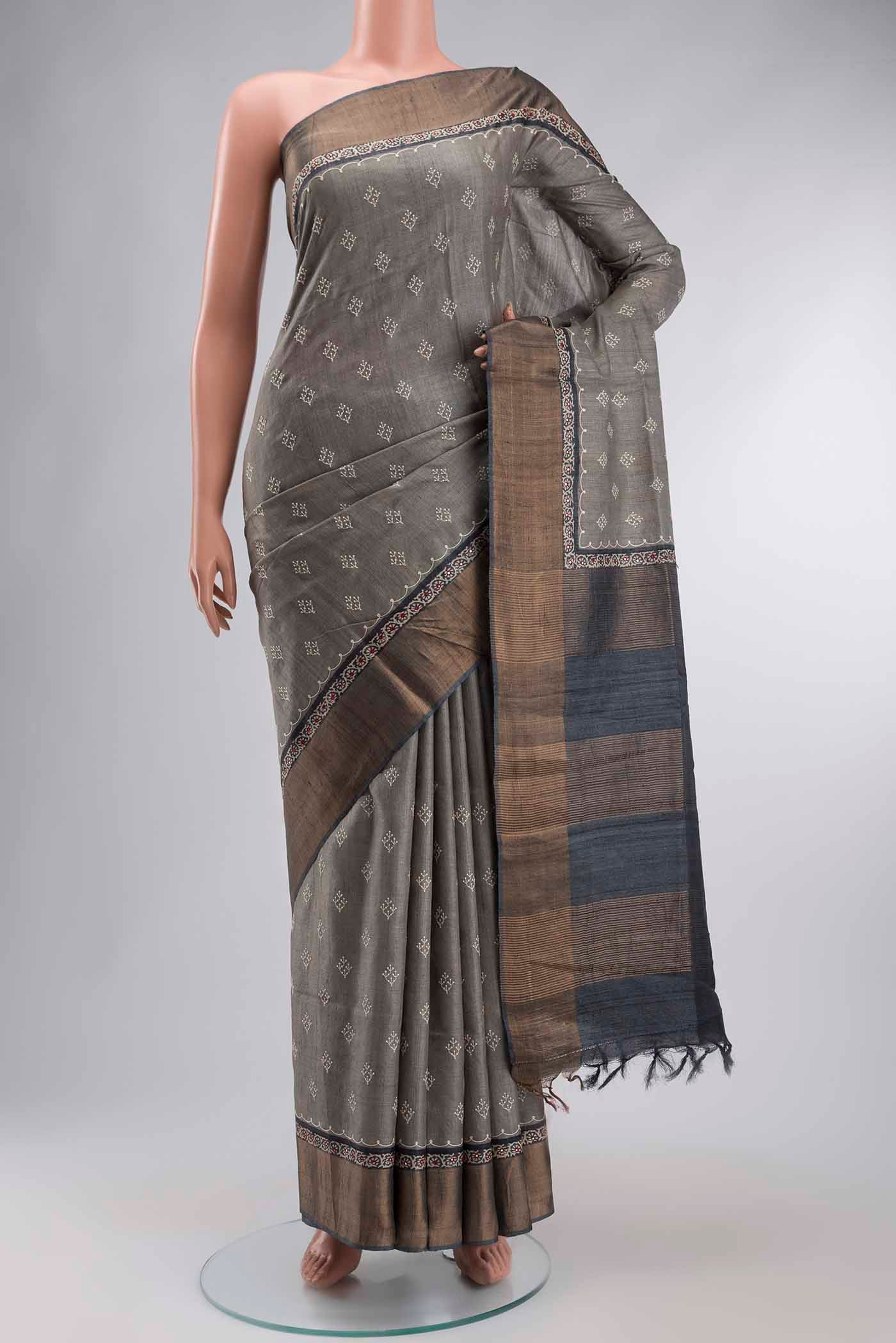 Grey Tussar Silk Saree