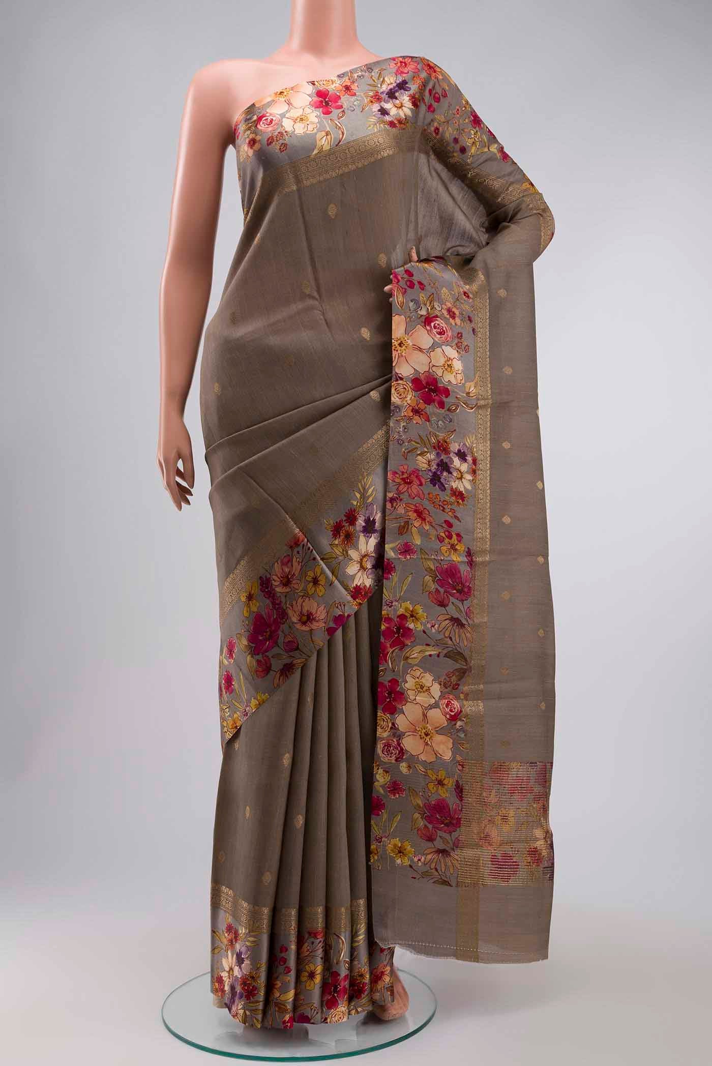 Grey Tussar Silk Saree
