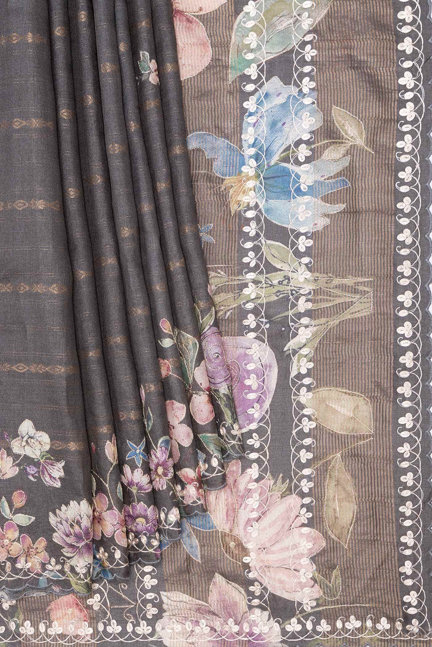 Grey Tussar Silk Saree - Image 2