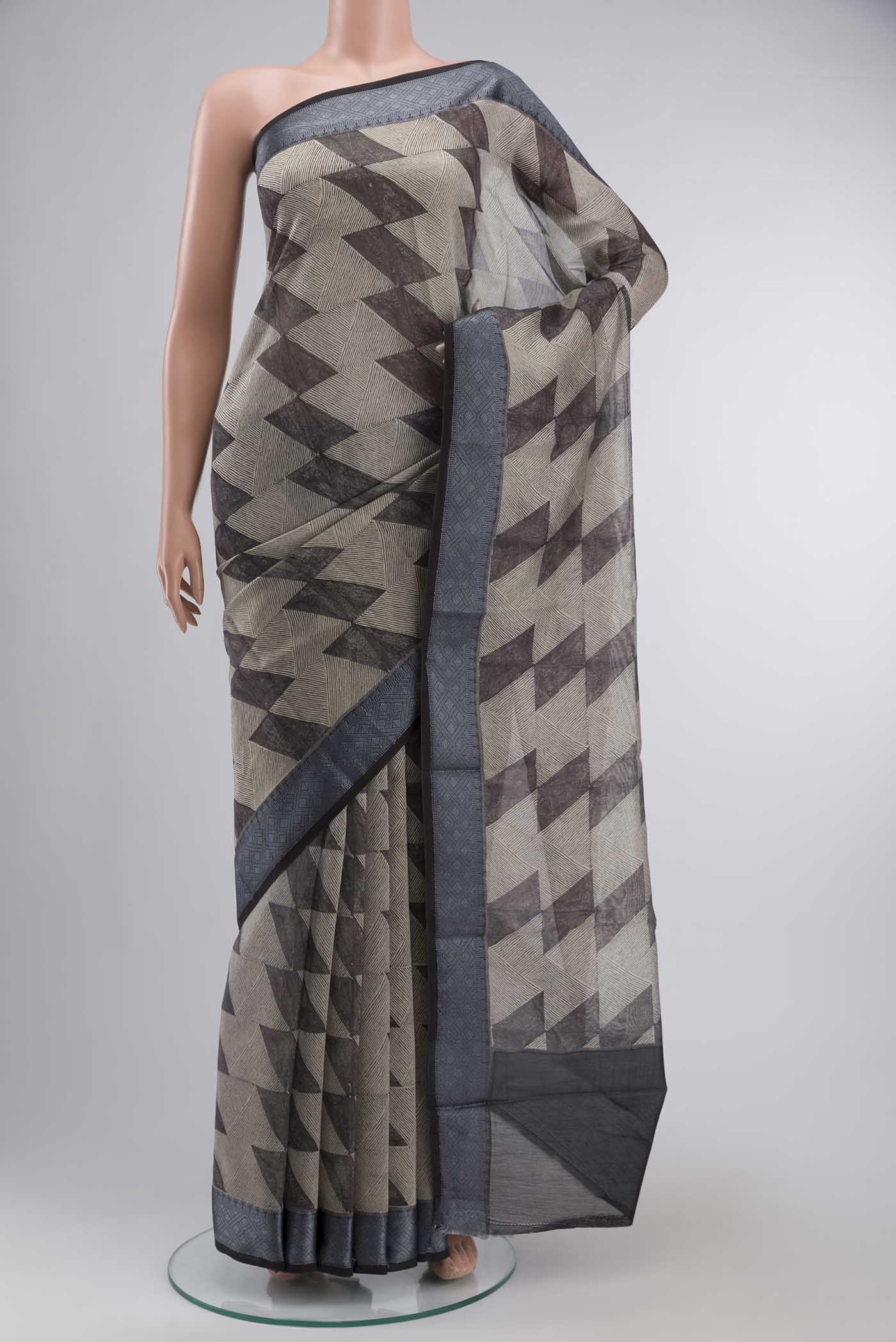 Grey with Beige Silk Cotton Saree