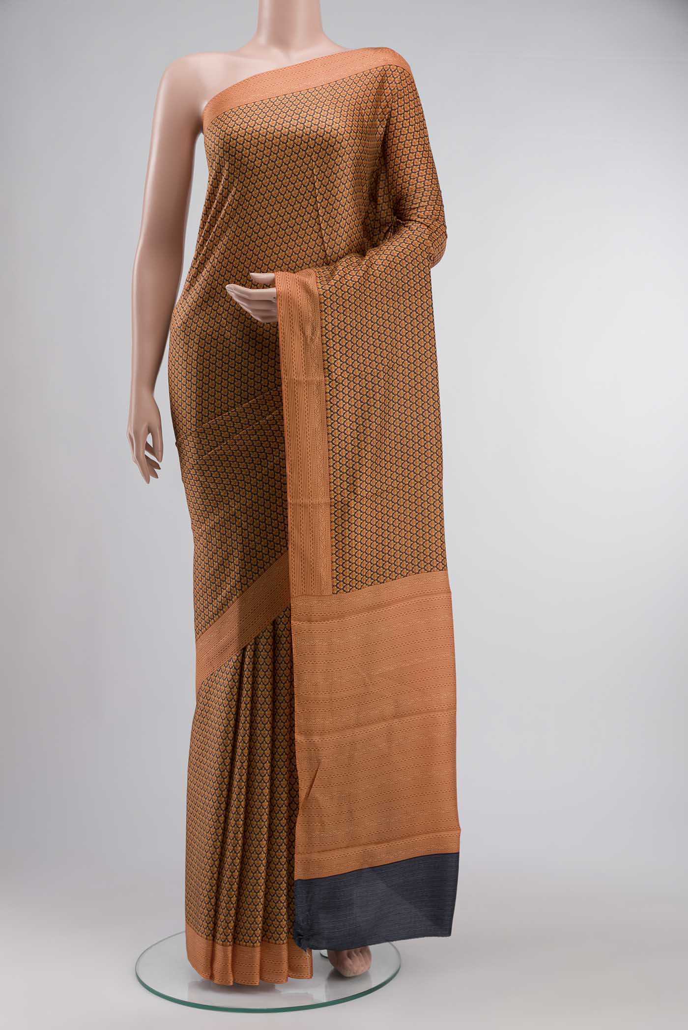 Grey with Orange Printed Silk Saree