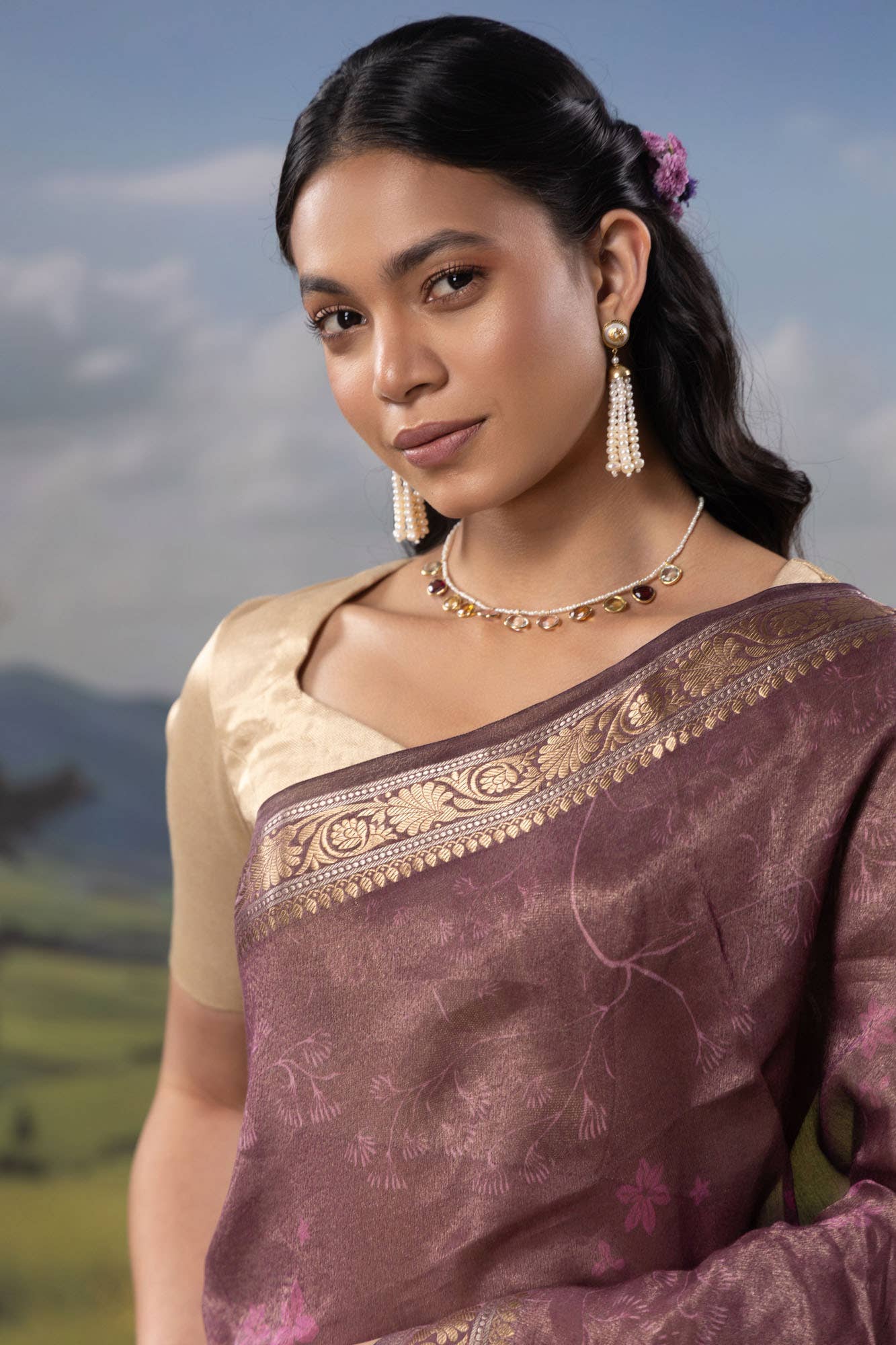 Ikebana's Promise-Wine Cotton Tissue Saree - Image 2