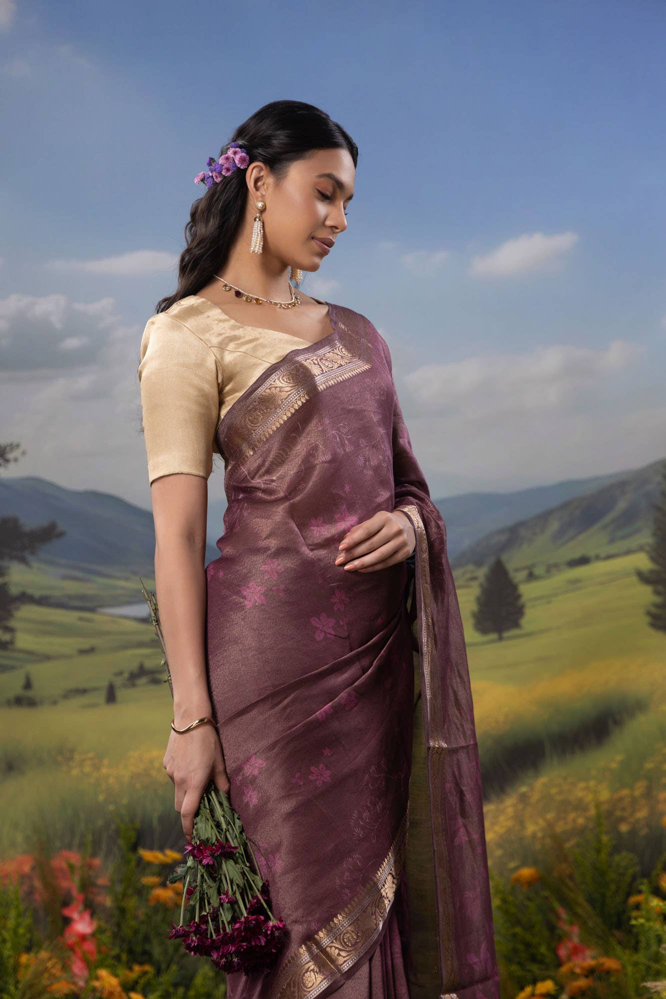 Ikebana's Promise-Wine Cotton Tissue Saree - Image 4