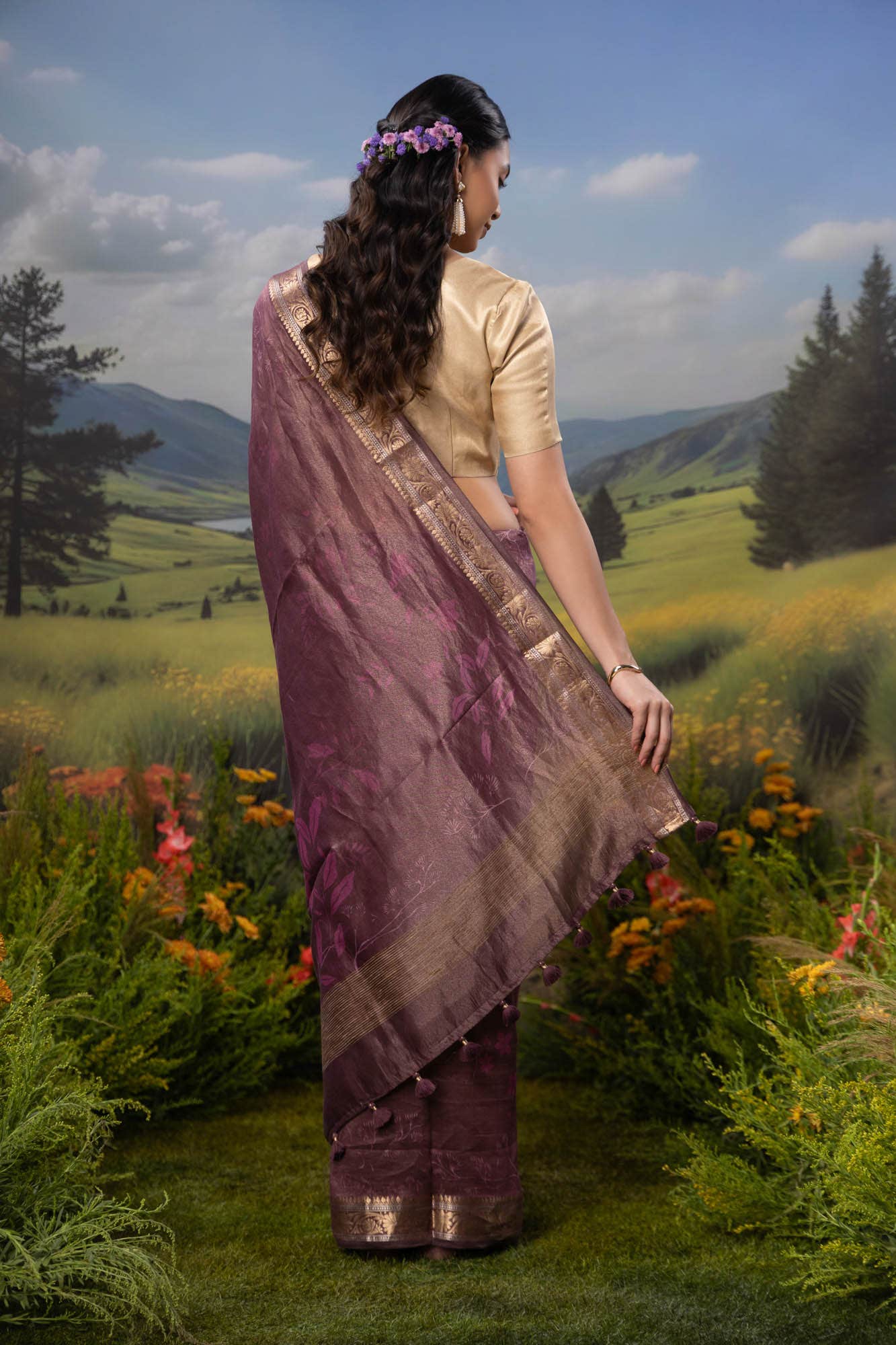 Ikebana's Promise-Wine Cotton Tissue Saree - Image 5