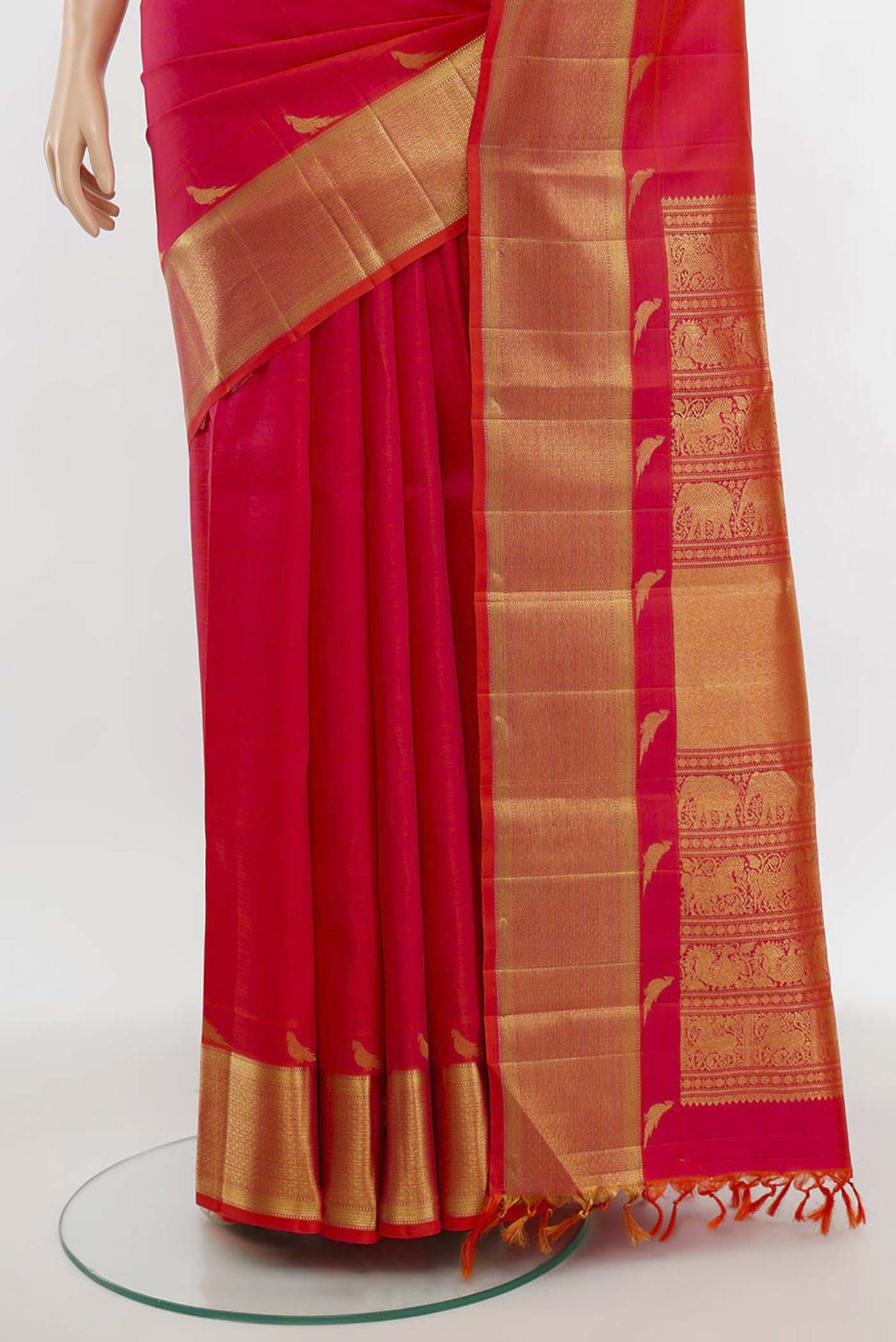 Pink with Orange Color Kanchipuram Silk Saree - Image 3