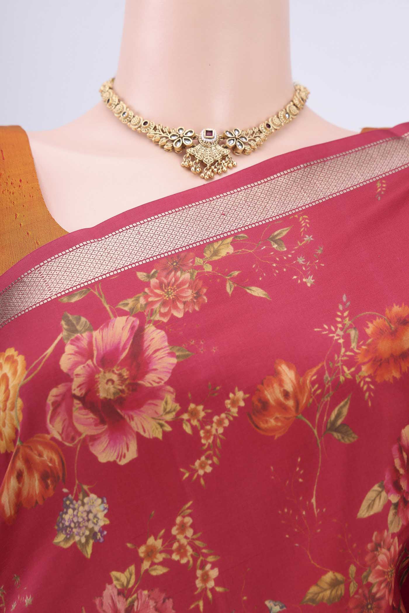 Red Printed Silk Saree - Image 2