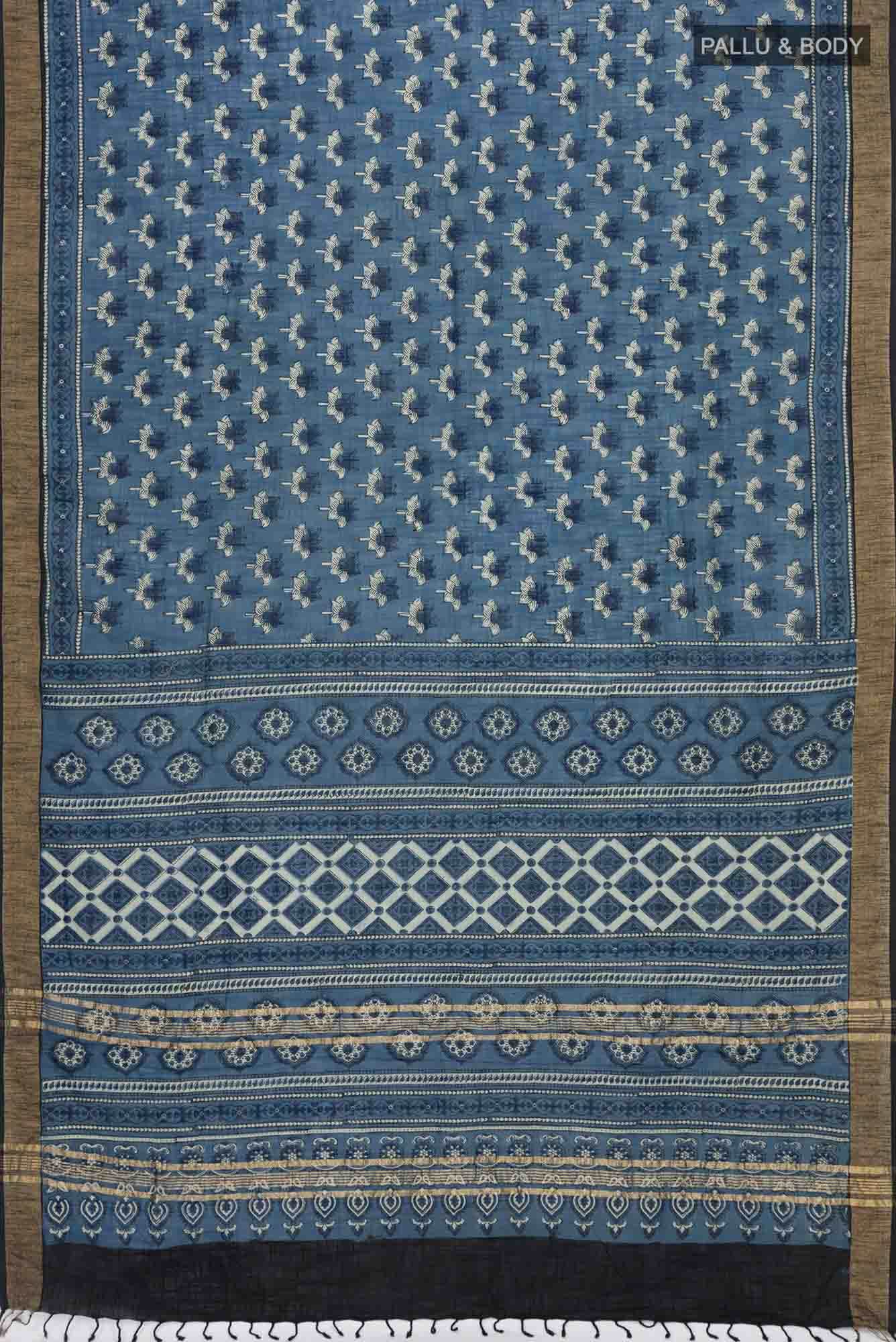 Indigo Linen Cotton Saree - Image 3