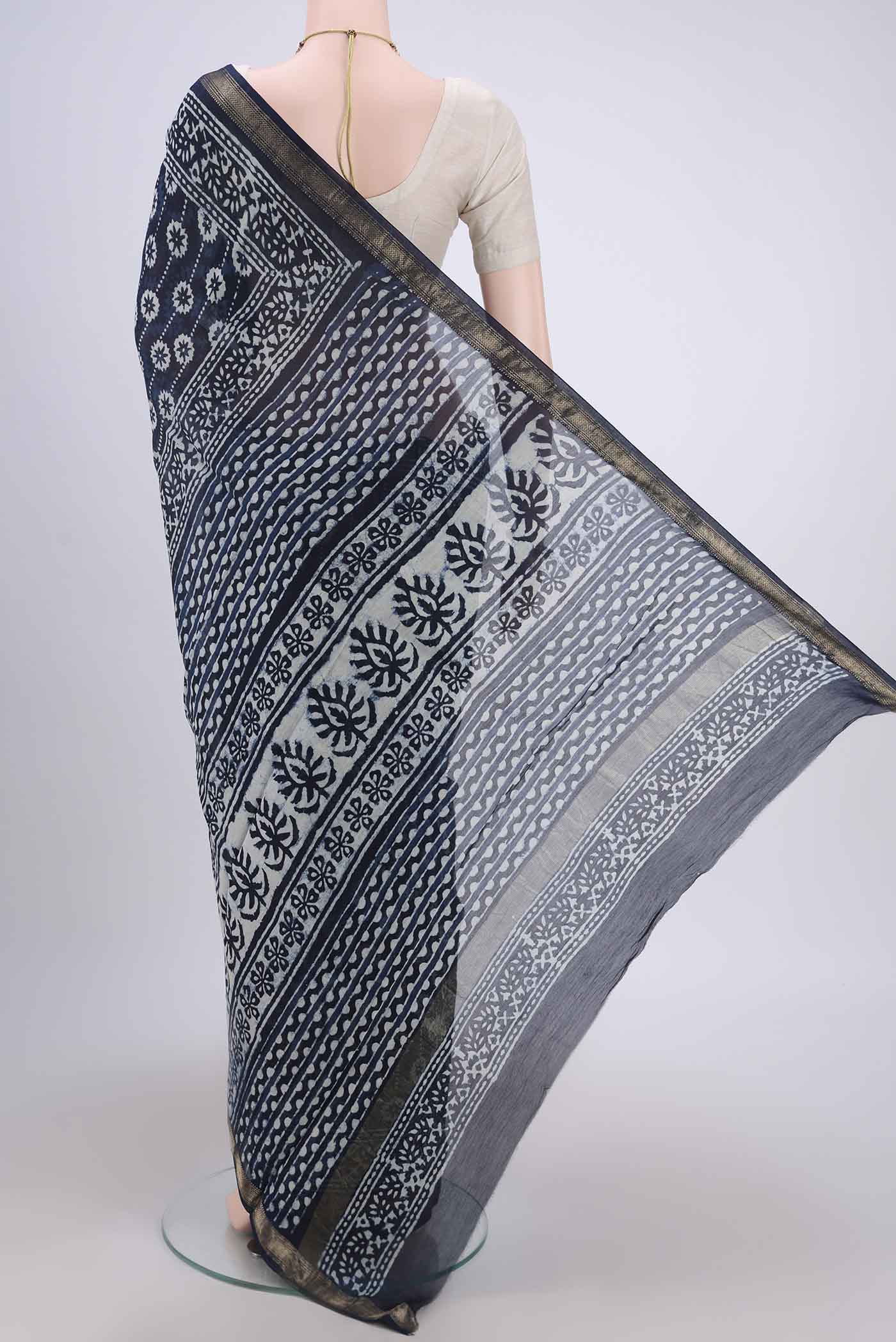 Indigo Maheshwari Silk Cotton Saree - Image 3