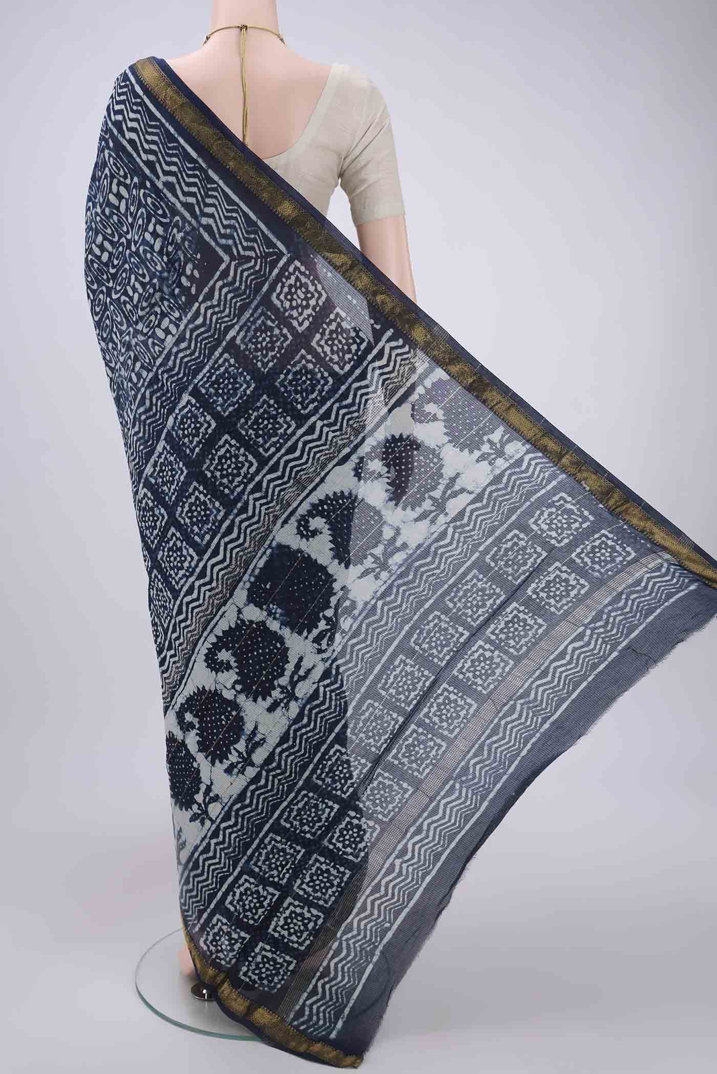 Navy Blue Maheshwari Silk Cotton Saree - Image 3