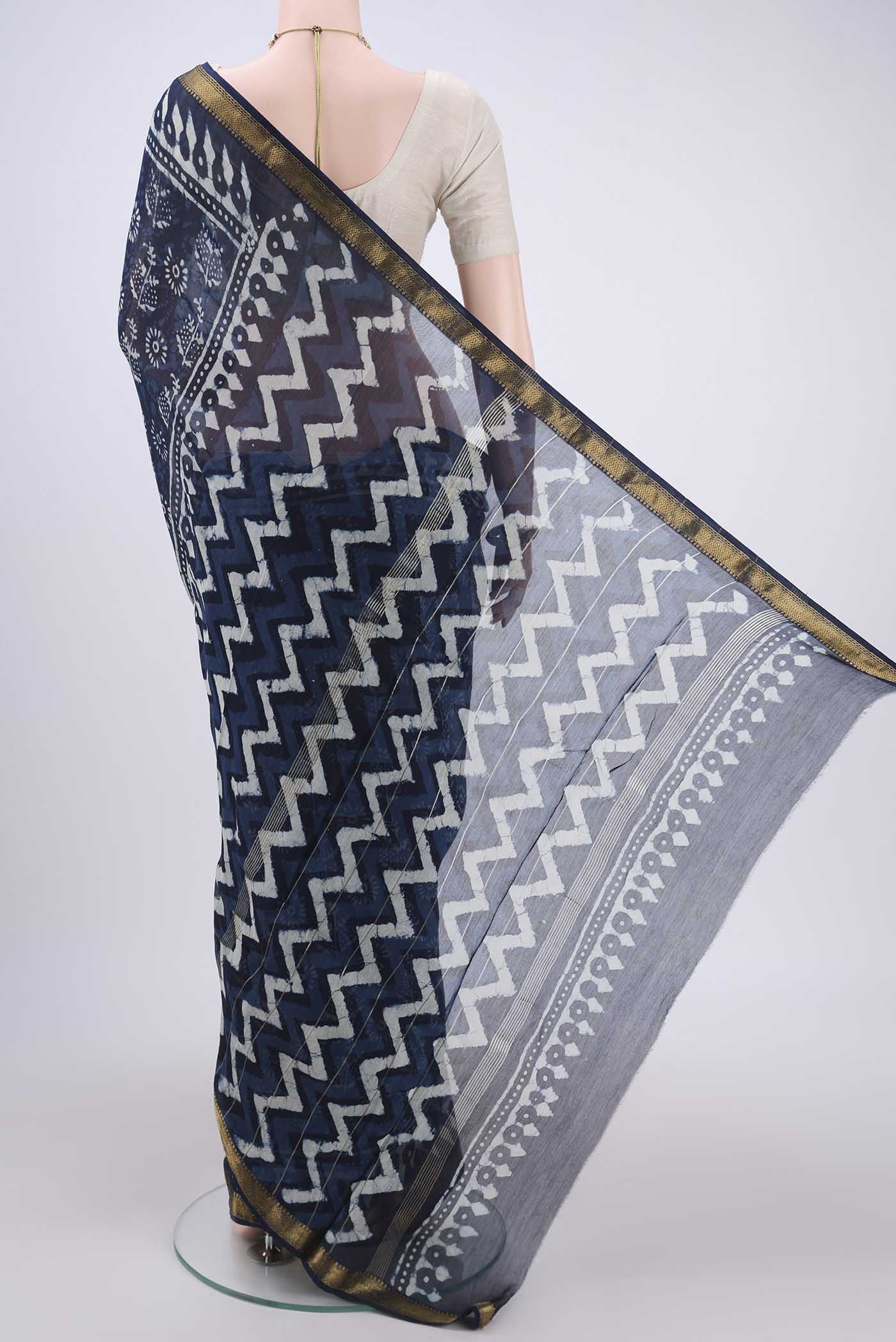 Indigo Maheshwari Silk Cotton Saree - Image 3