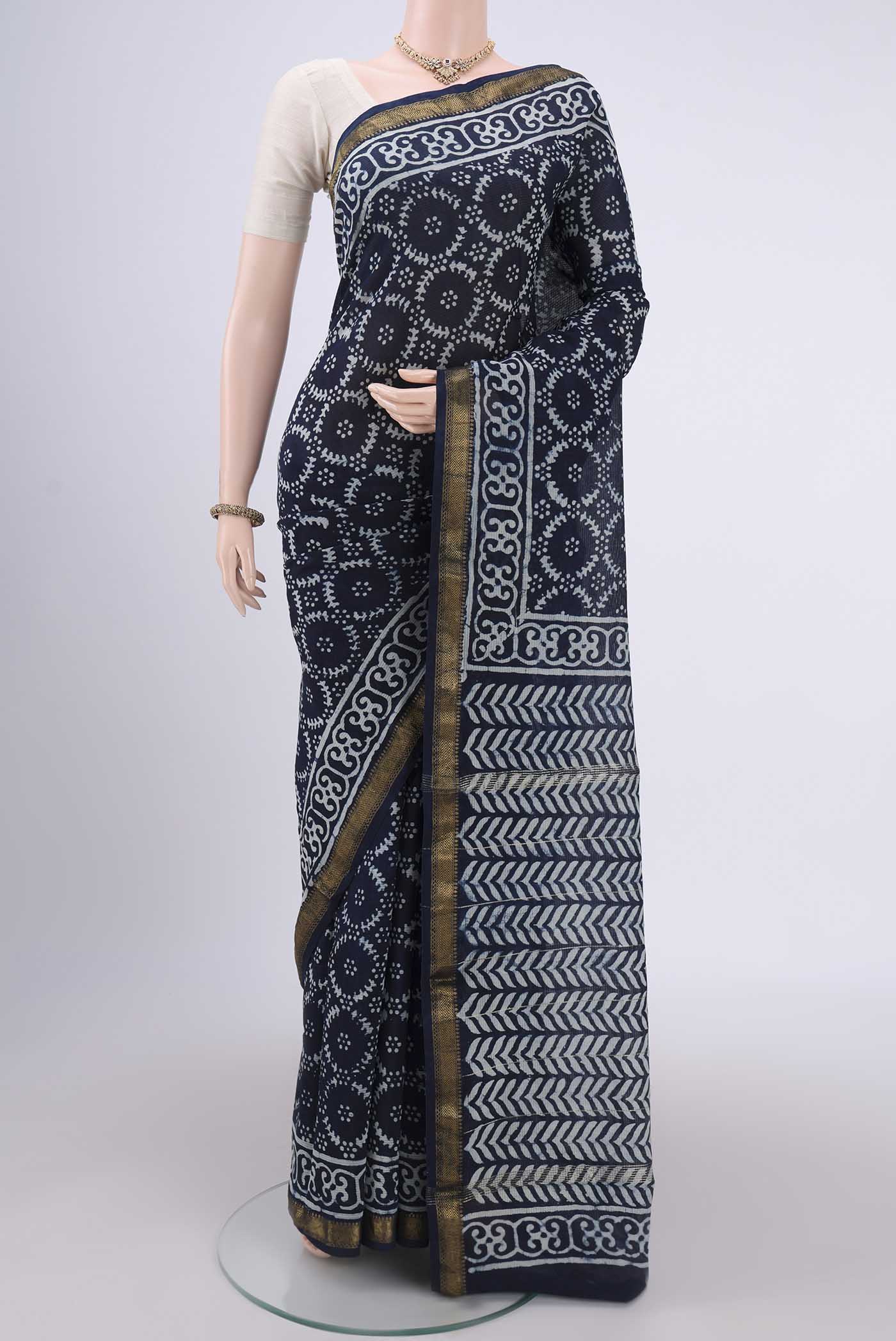 Navy Blue Maheshwari Silk Cotton Saree