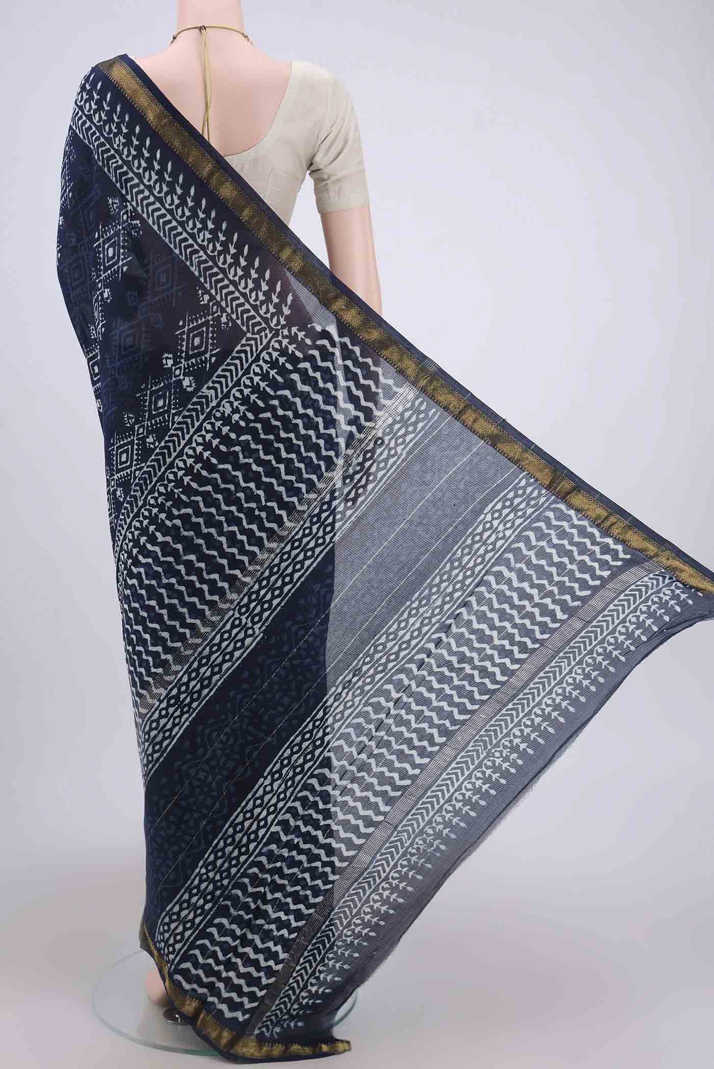 Indigo Maheshwari Silk Cotton Saree - Image 3