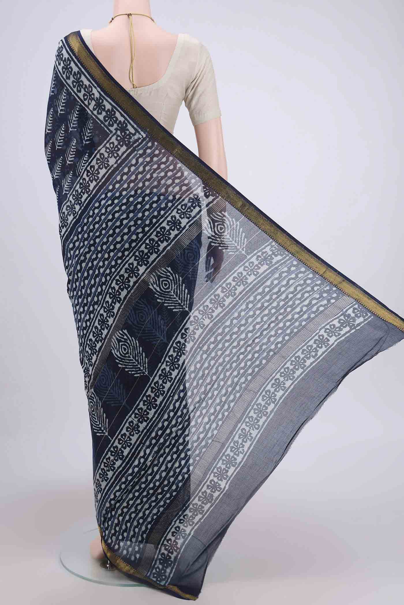 Indigo Maheshwari Silk Cotton Saree - Image 3