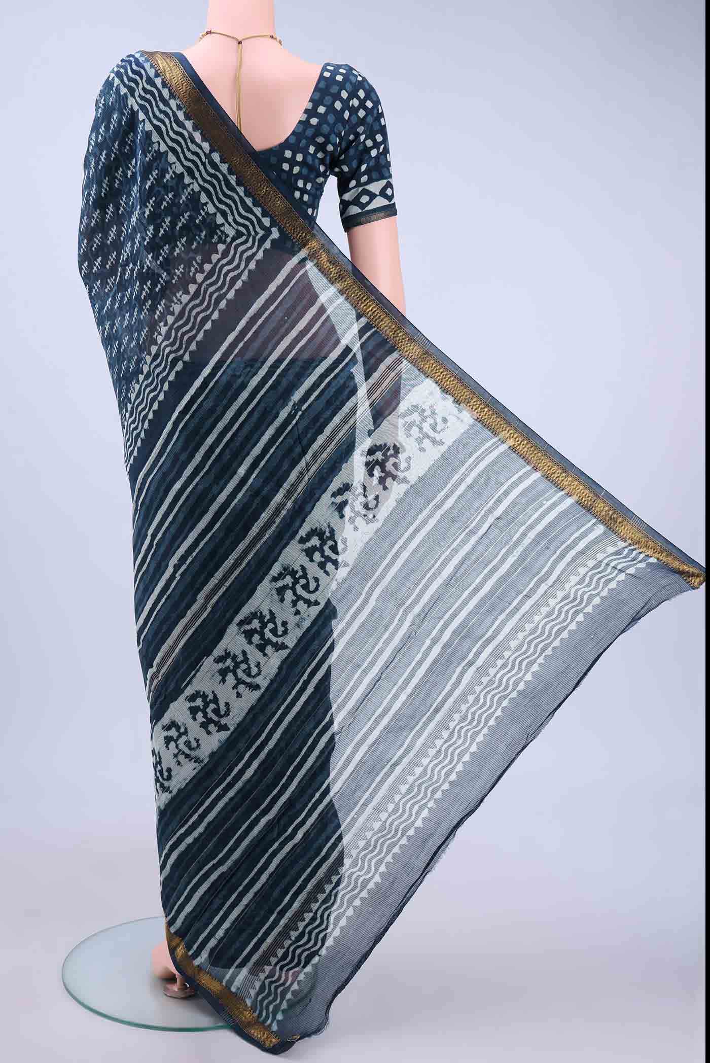 Indigo Maheshwari Silk Cotton Saree - Image 2