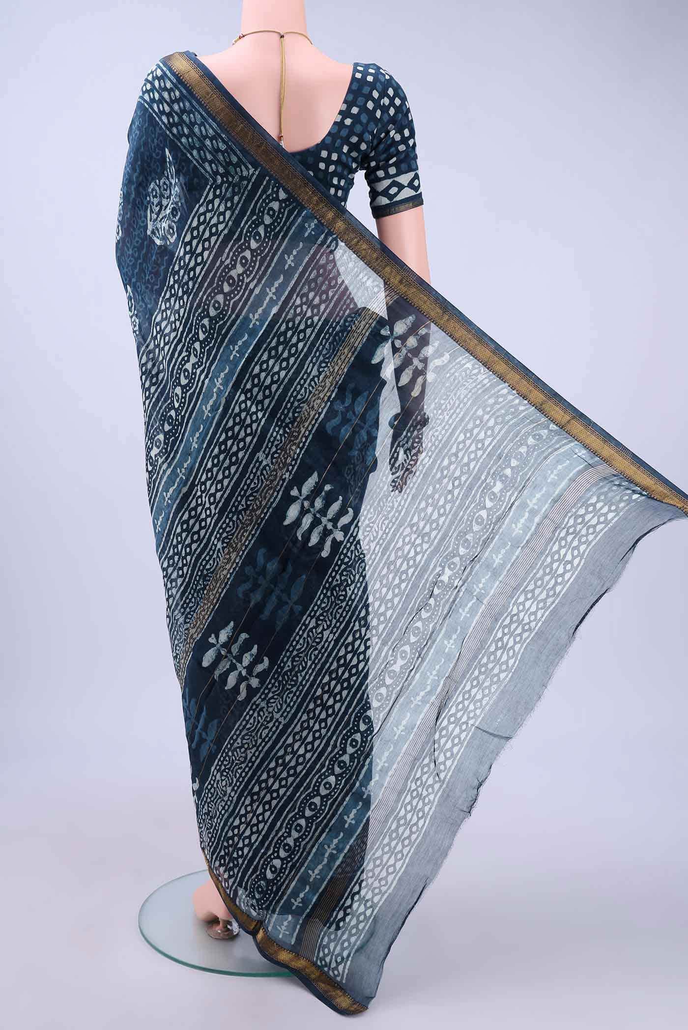 Indigo Maheshwari Silk Cotton Saree - Image 2