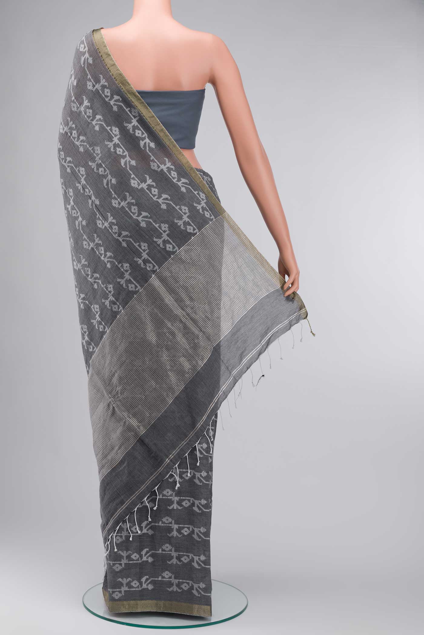 Kadambini-Dark Grey Bengal Cotton Saree - Image 7