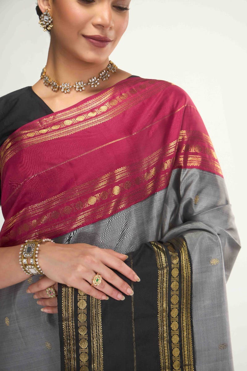 Kamala-Pure Silk Pure Gold Zari Grey Kanchipuram Saree - Image 14