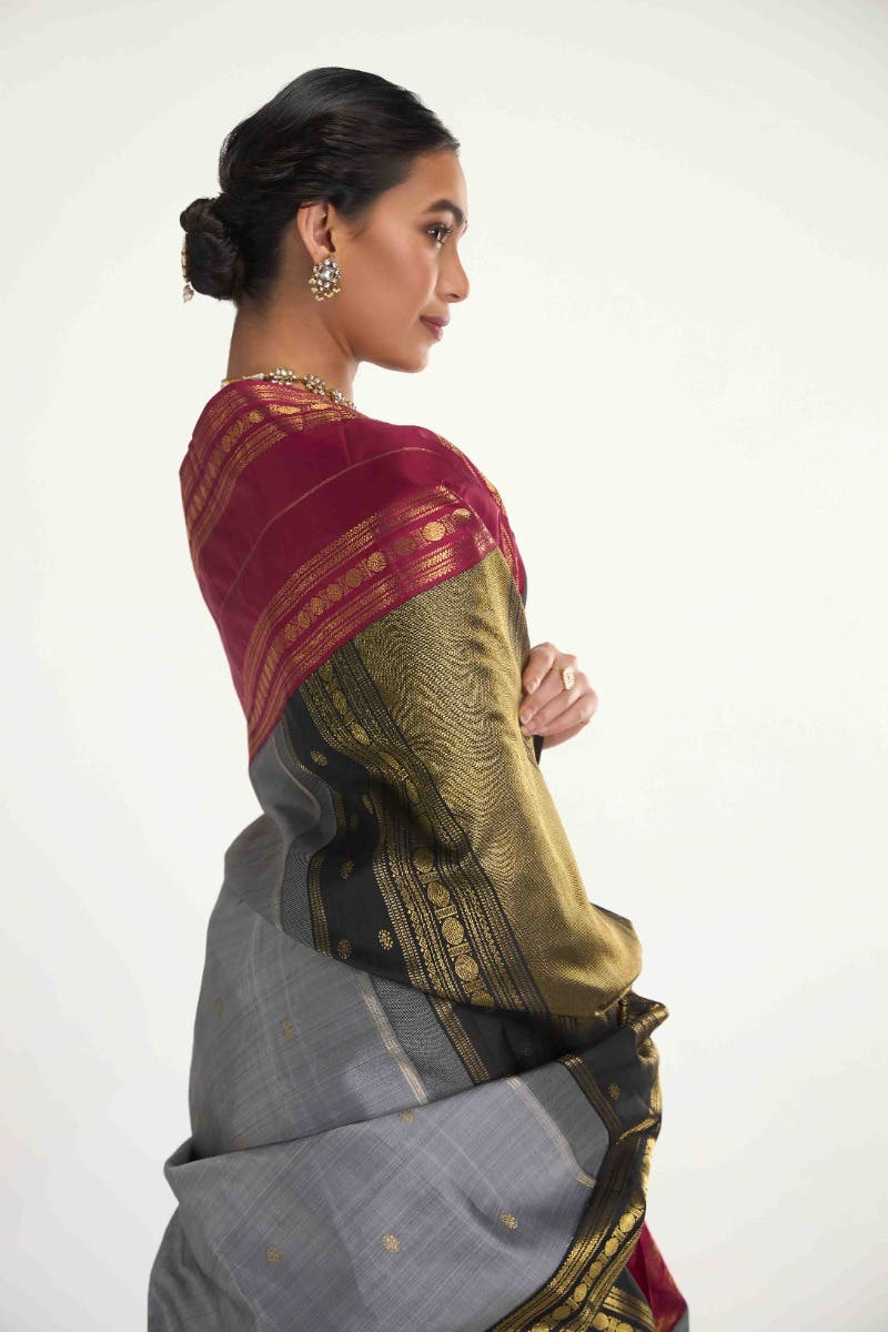 Kamala-Pure Silk Pure Gold Zari Grey Kanchipuram Saree - Image 3