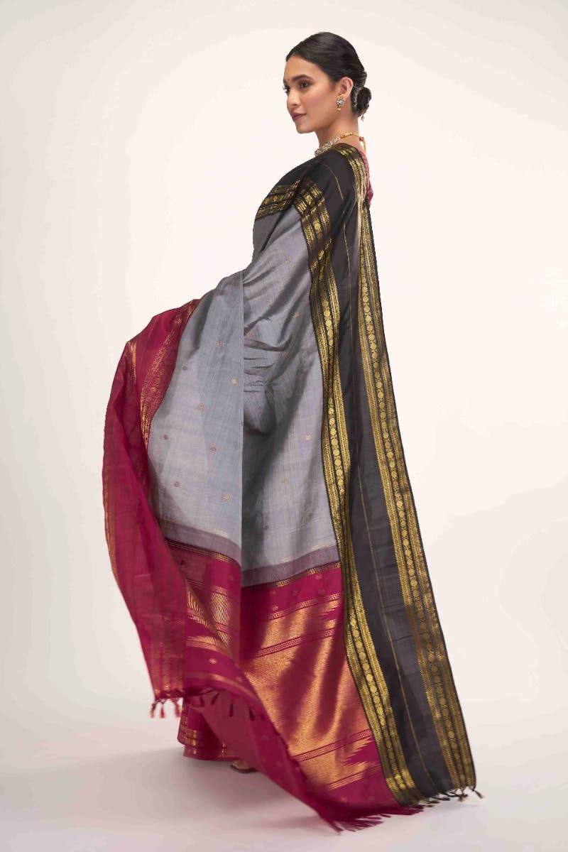 Kamala-Pure Silk Pure Gold Zari Grey Kanchipuram Saree - Image 4