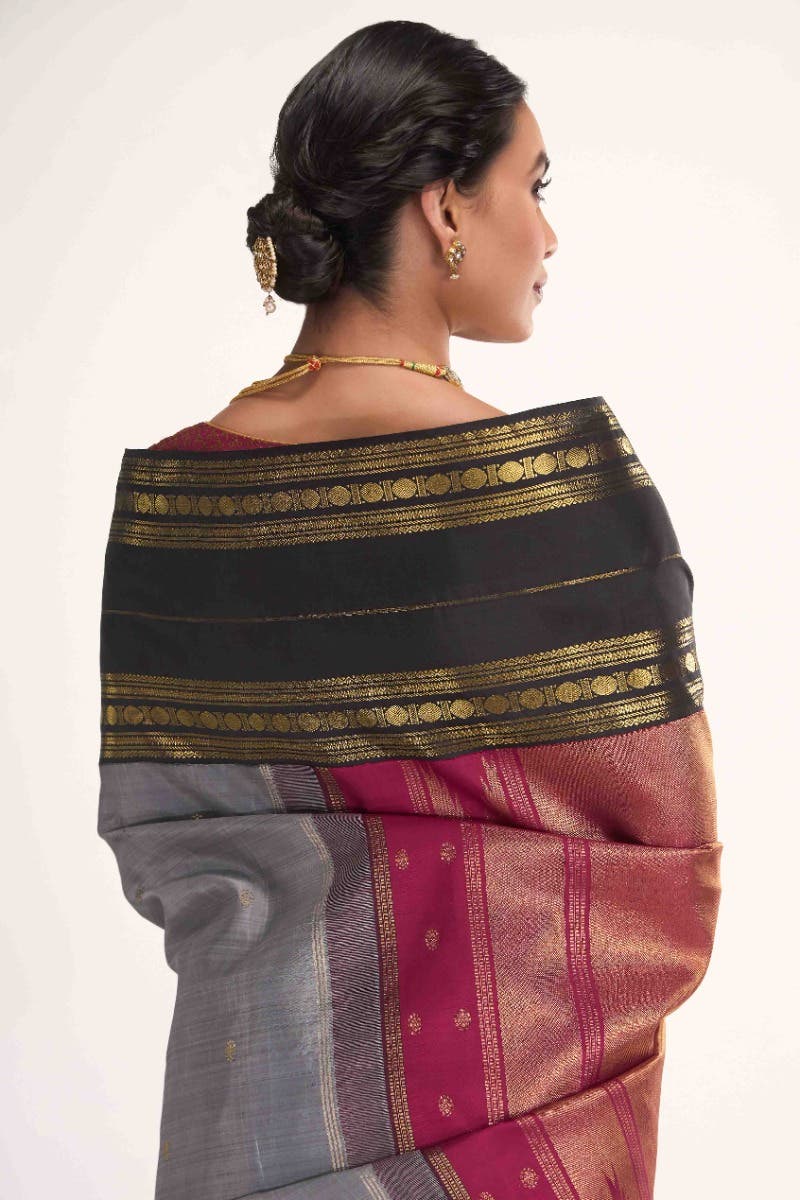 Kamala-Pure Silk Pure Gold Zari Grey Kanchipuram Saree - Image 5