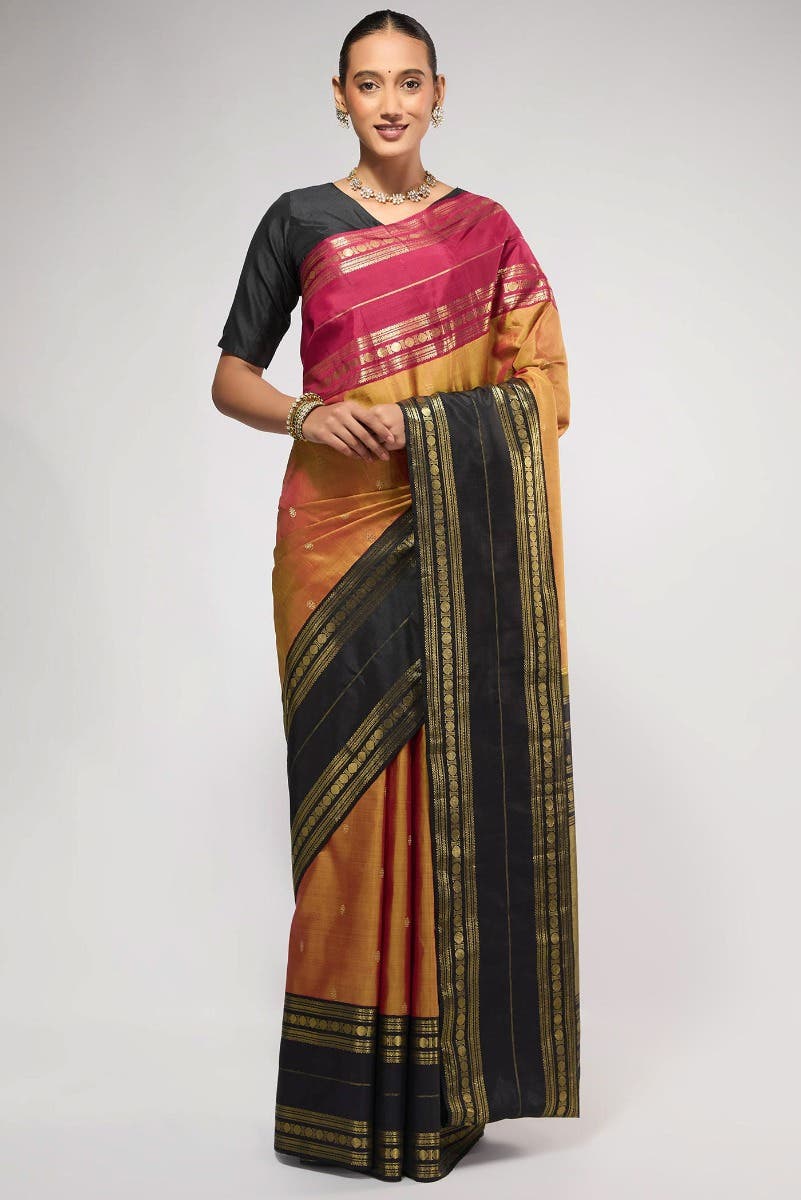 Kamala-Pure Silk Pure Gold Zari Mustard with Red Dual Tone Kanchipuram Saree - Image 2