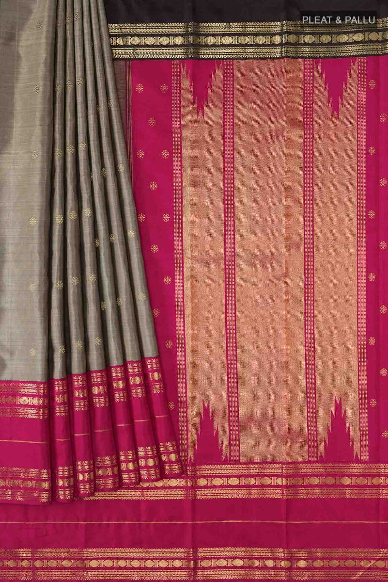 Kamala-Pure Silk Pure Gold Zari Narmadi Grey Kanchipuram Saree - Image 10