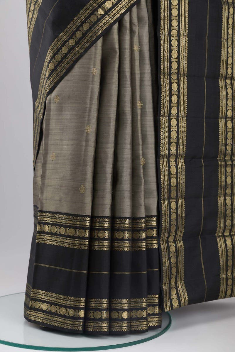Kamala-Pure Silk Pure Gold Zari Narmadi Grey Kanchipuram Saree - Image 3