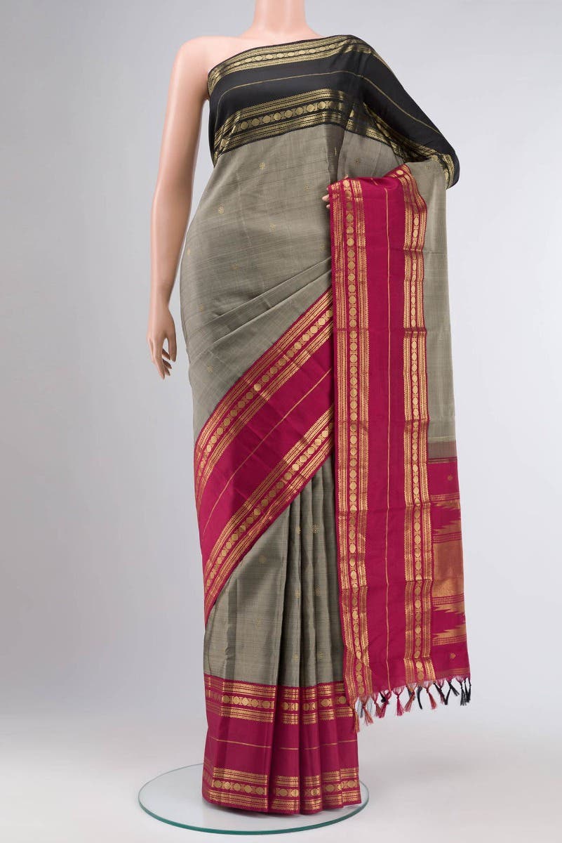 Kamala-Pure Silk Pure Gold Zari Narmadi Grey Kanchipuram Saree - Image 8