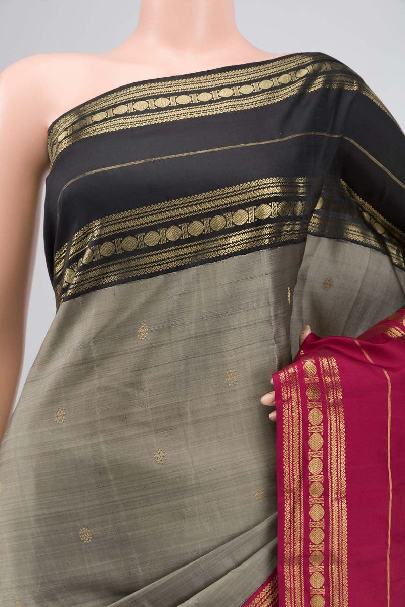 Kamala-Pure Silk Pure Gold Zari Narmadi Grey Kanchipuram Saree - Image 9