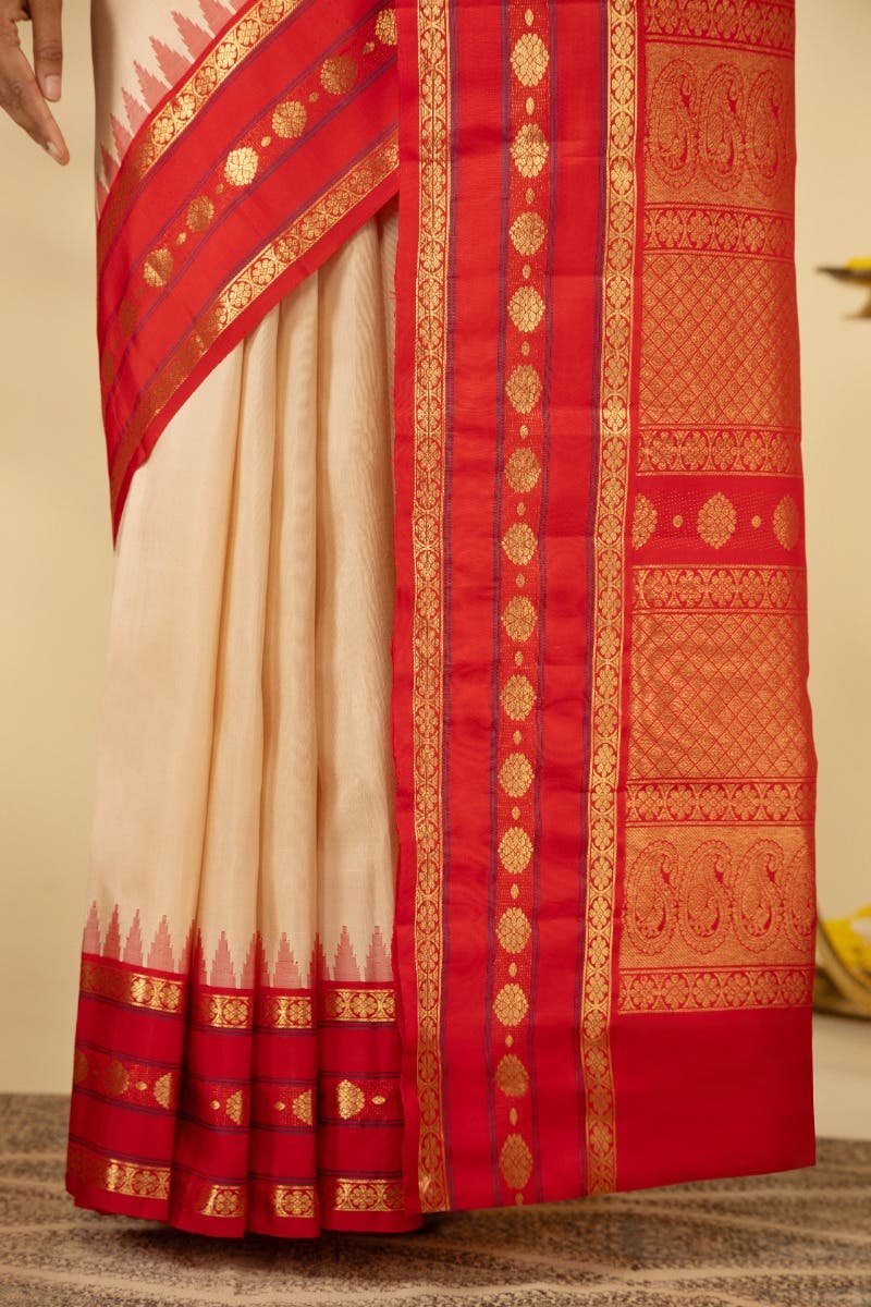 Kamalam-Off White Kanchipuram Silk Saree - Image 5