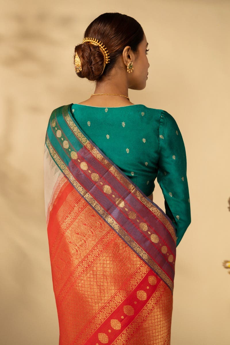Kamalam-Off White Kanchipuram Silk Saree - Image 7