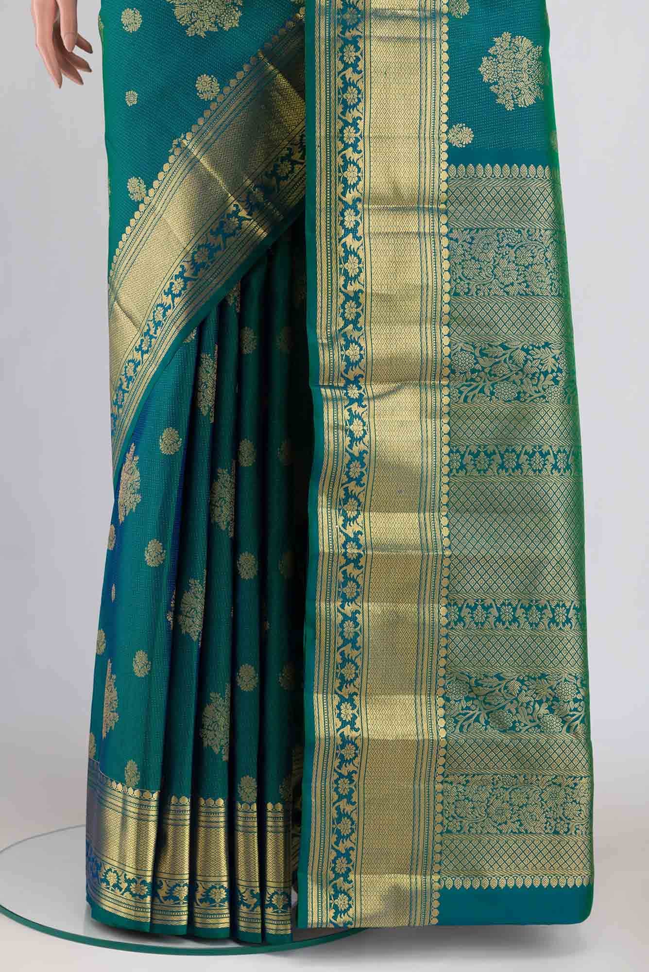 Kavini-Blue with Green Dual Tone Kanchipuram Silk Saree - Image 10