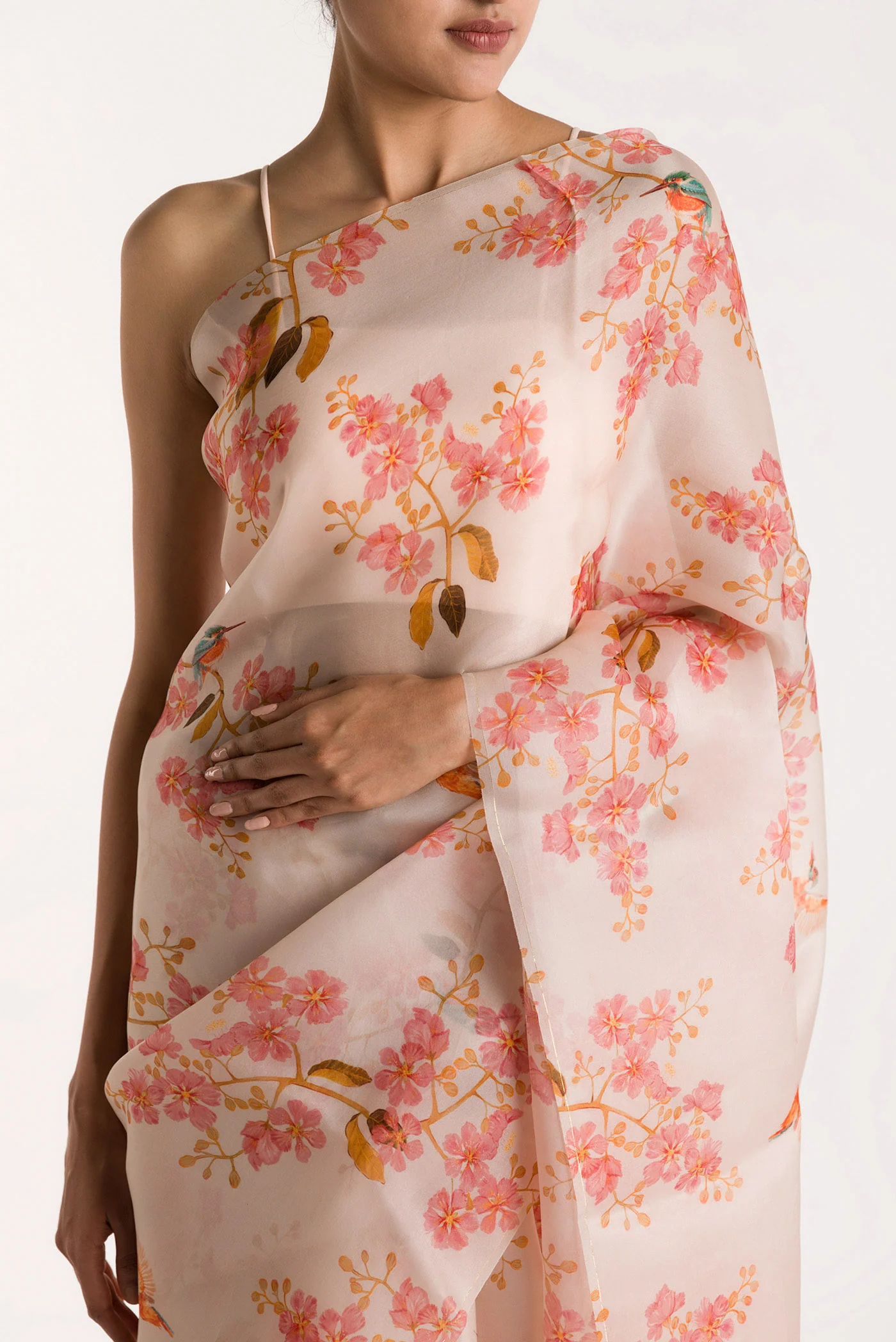 Kingfisher Lovers-White Satin Organza Saree - Image 2